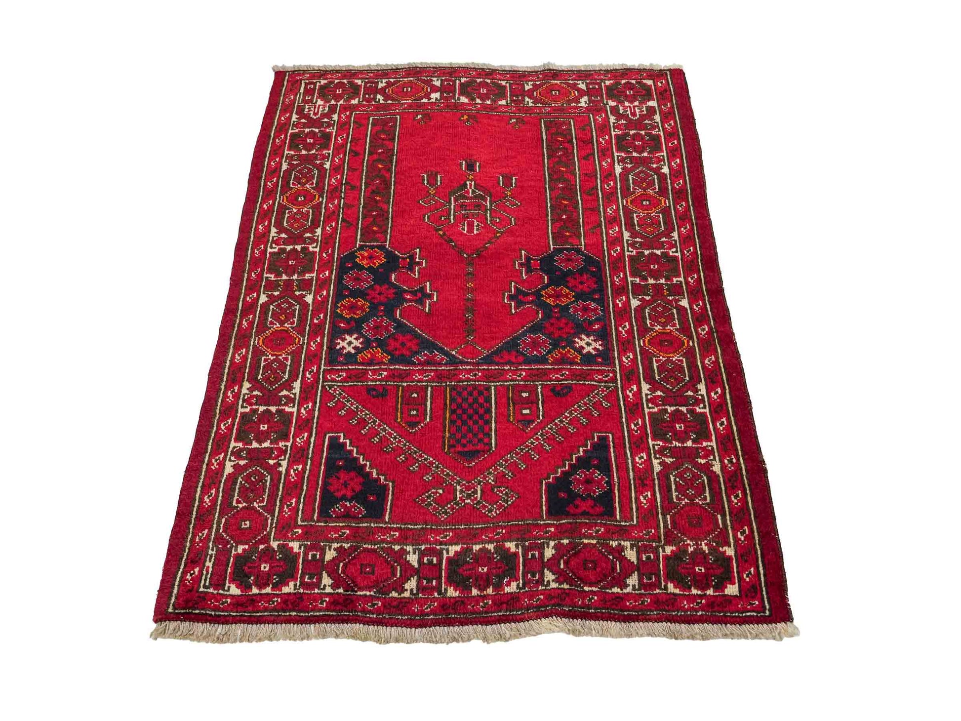 Antiker, handgeknüpfter, afghanischer Belutsch Nomadenteppich aus Wolle von Khademi. Größe: 112 x 85 cm. Farbe: Rot. Verkauf durch JUPITER Intl.