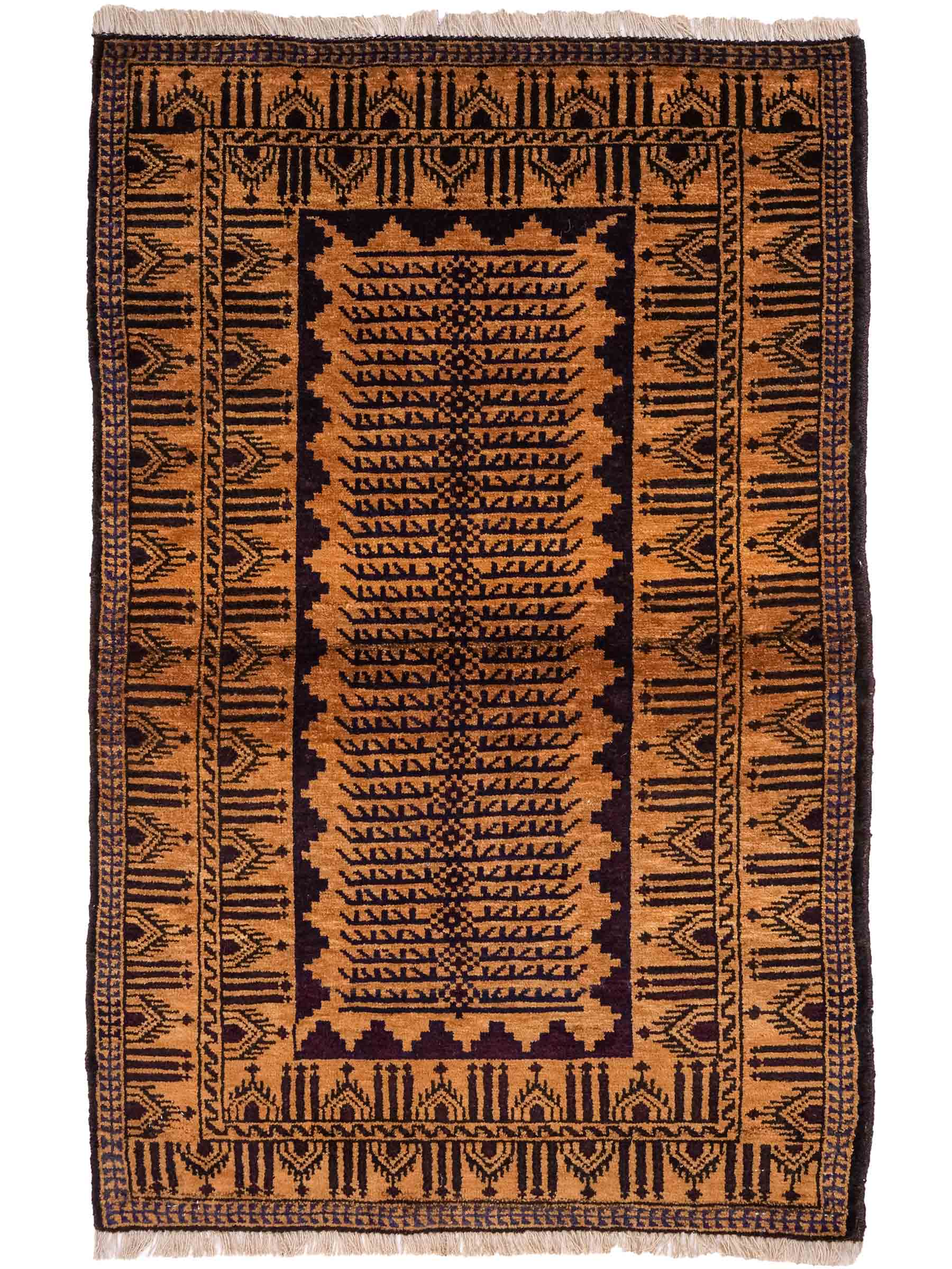 Antiker, handgeknüpfter, afghanischer Belutsch Nomadenteppich aus Wolle von Khademi. Größe: 123 x 80 cm. Farbe: Gold, beige, braun. Verkauf durch JUPITER Intl.