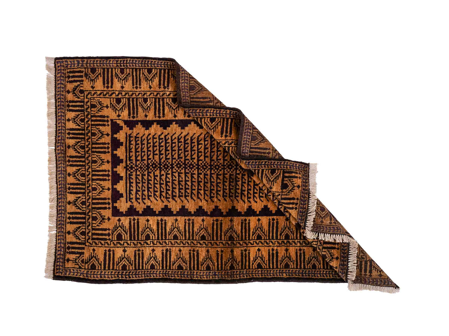 Antiker, handgeknüpfter, afghanischer Belutsch Nomadenteppich aus Wolle von Khademi. Größe: 123 x 80 cm. Farbe: Gold, beige, braun. Verkauf durch JUPITER Intl.