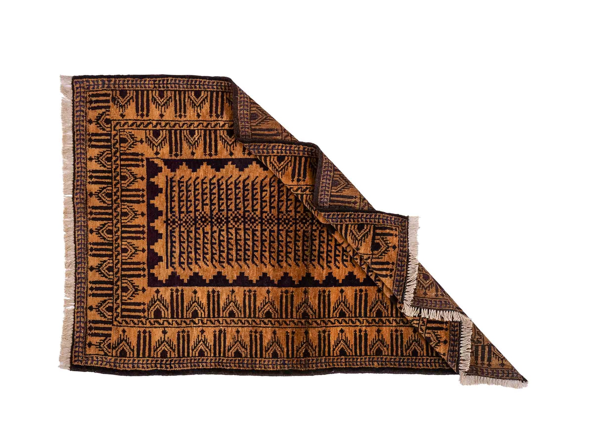 Antiker, handgeknüpfter, afghanischer Belutsch Nomadenteppich aus Wolle von Khademi. Größe: 123 x 80 cm. Farbe: Gold, beige, braun. Verkauf durch JUPITER Intl.
