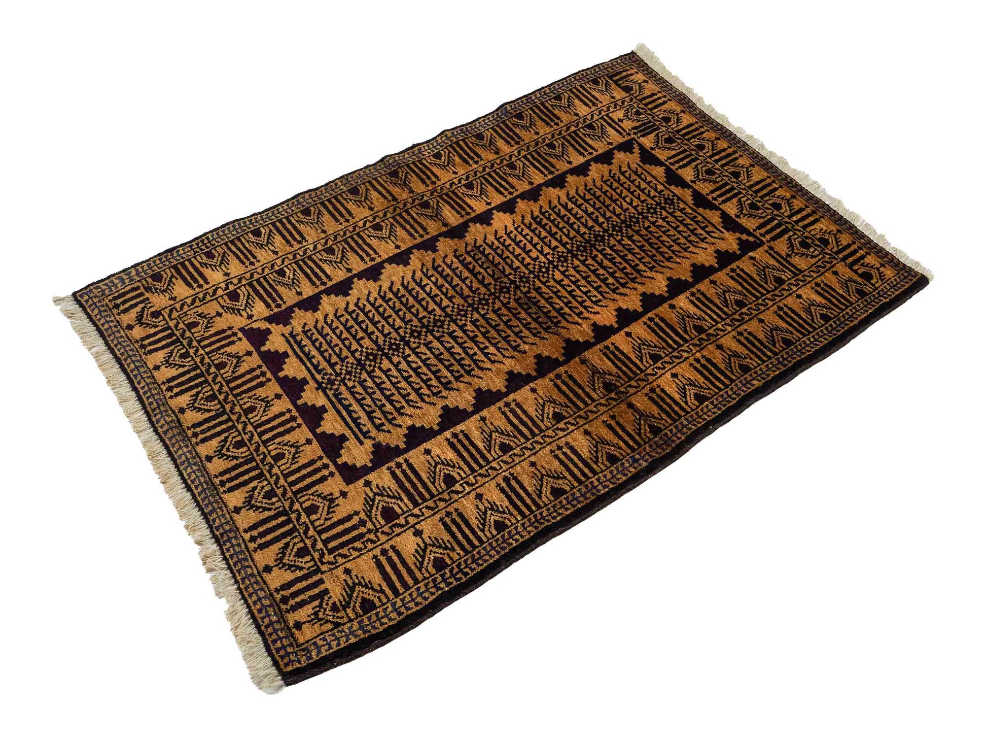 Antiker, handgeknüpfter, afghanischer Belutsch Nomadenteppich aus Wolle von Khademi. Größe: 123 x 80 cm. Farbe: Gold, beige, braun. Verkauf durch JUPITER Intl.