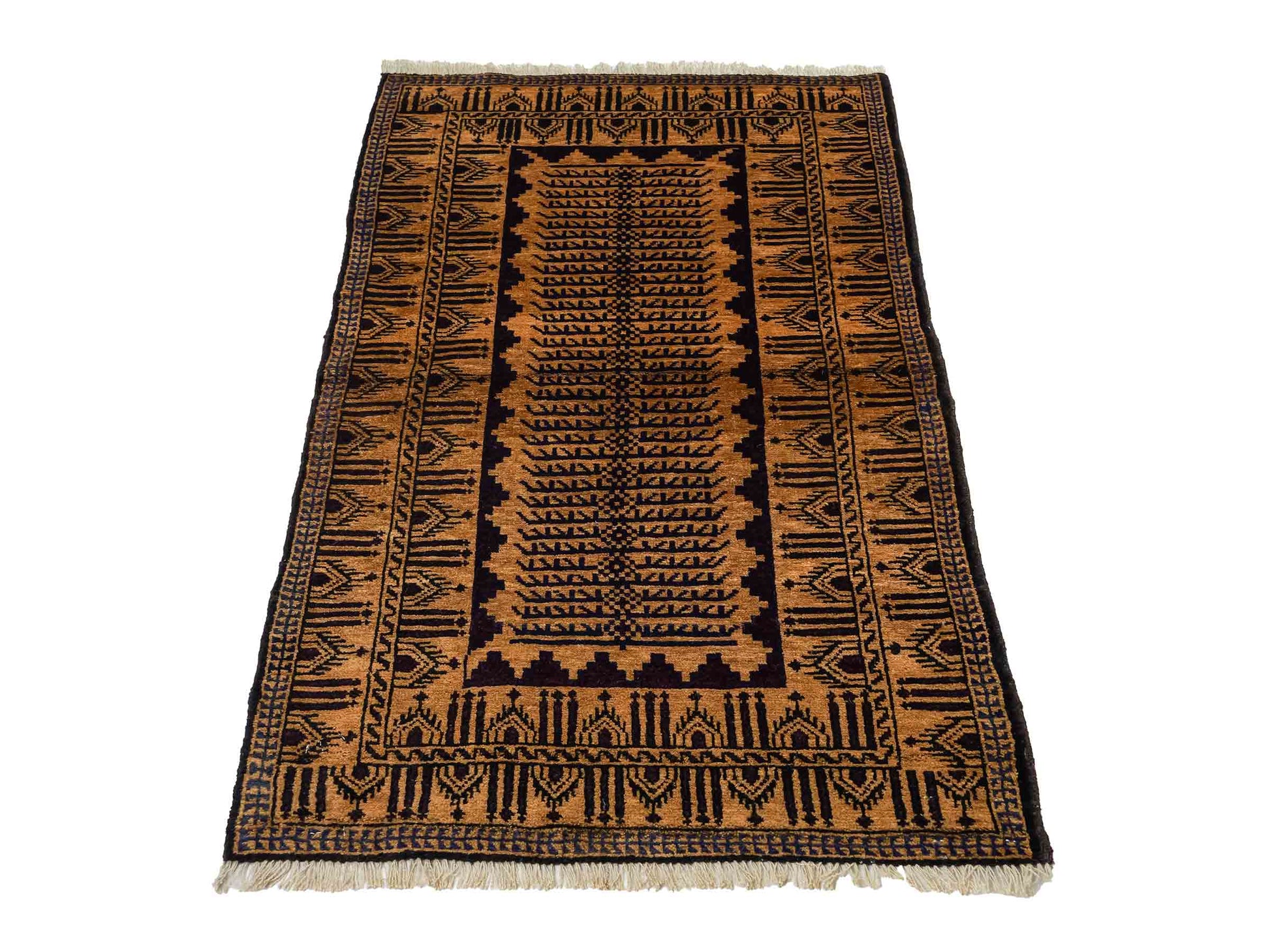 Antiker, handgeknüpfter, afghanischer Belutsch Nomadenteppich aus Wolle von Khademi. Größe: 123 x 80 cm. Farbe: Gold, beige, braun. Verkauf durch JUPITER Intl.