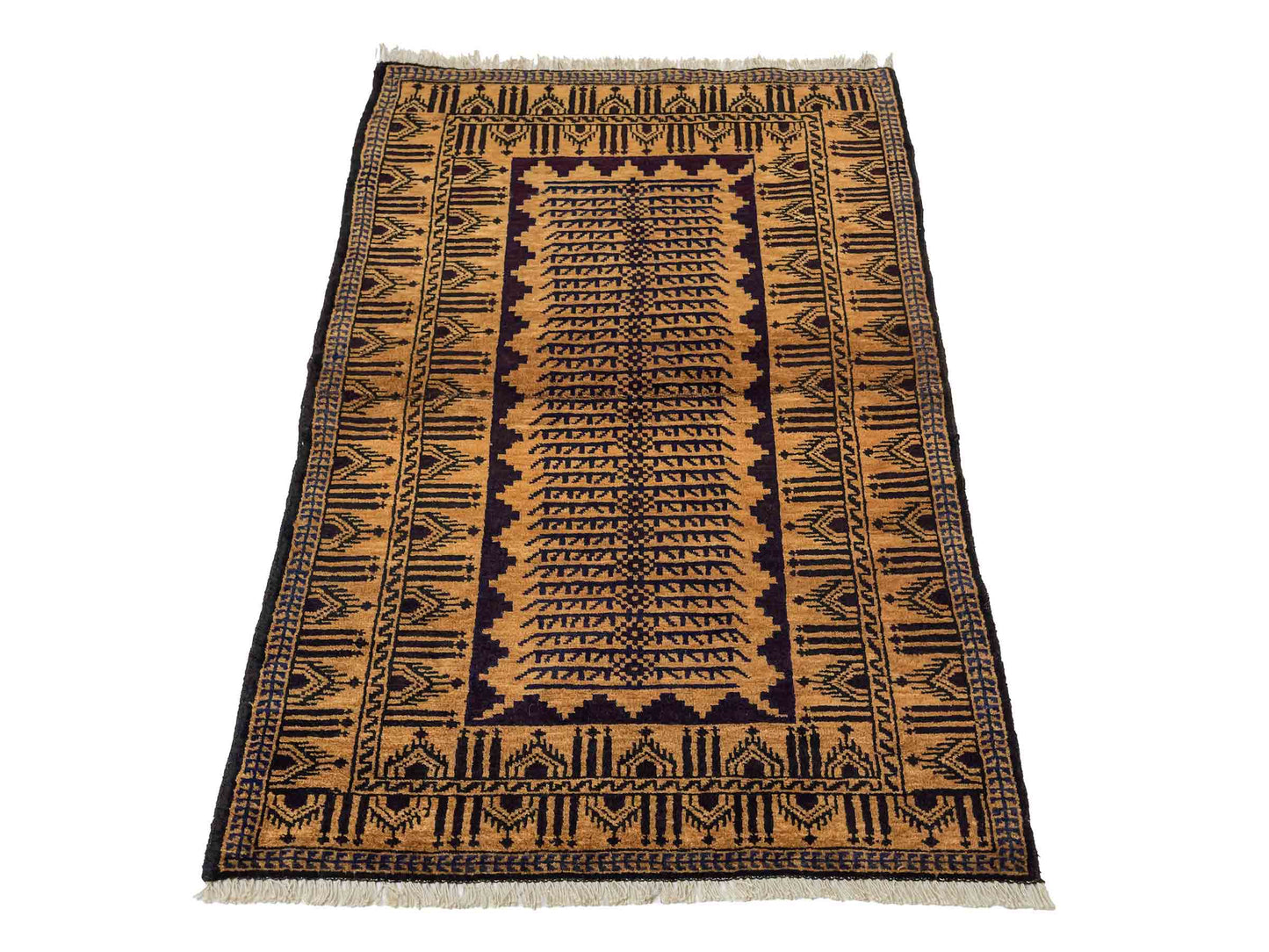Antiker, handgeknüpfter, afghanischer Belutsch Nomadenteppich aus Wolle von Khademi. Größe: 123 x 80 cm. Farbe: Gold, beige, braun. Verkauf durch JUPITER Intl.