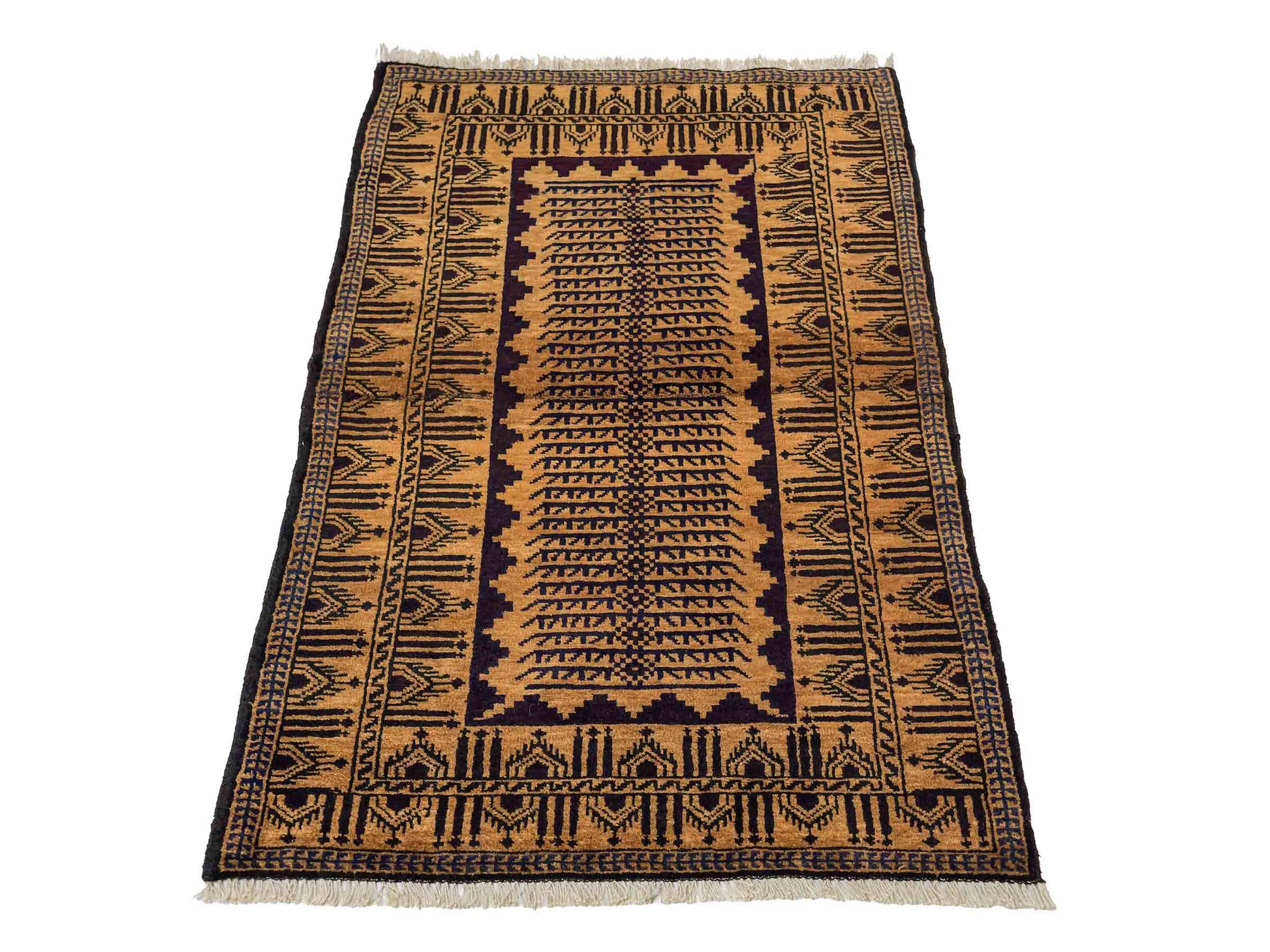 Antiker, handgeknüpfter, afghanischer Belutsch Nomadenteppich aus Wolle von Khademi. Größe: 123 x 80 cm. Farbe: Gold, beige, braun. Verkauf durch JUPITER Intl.