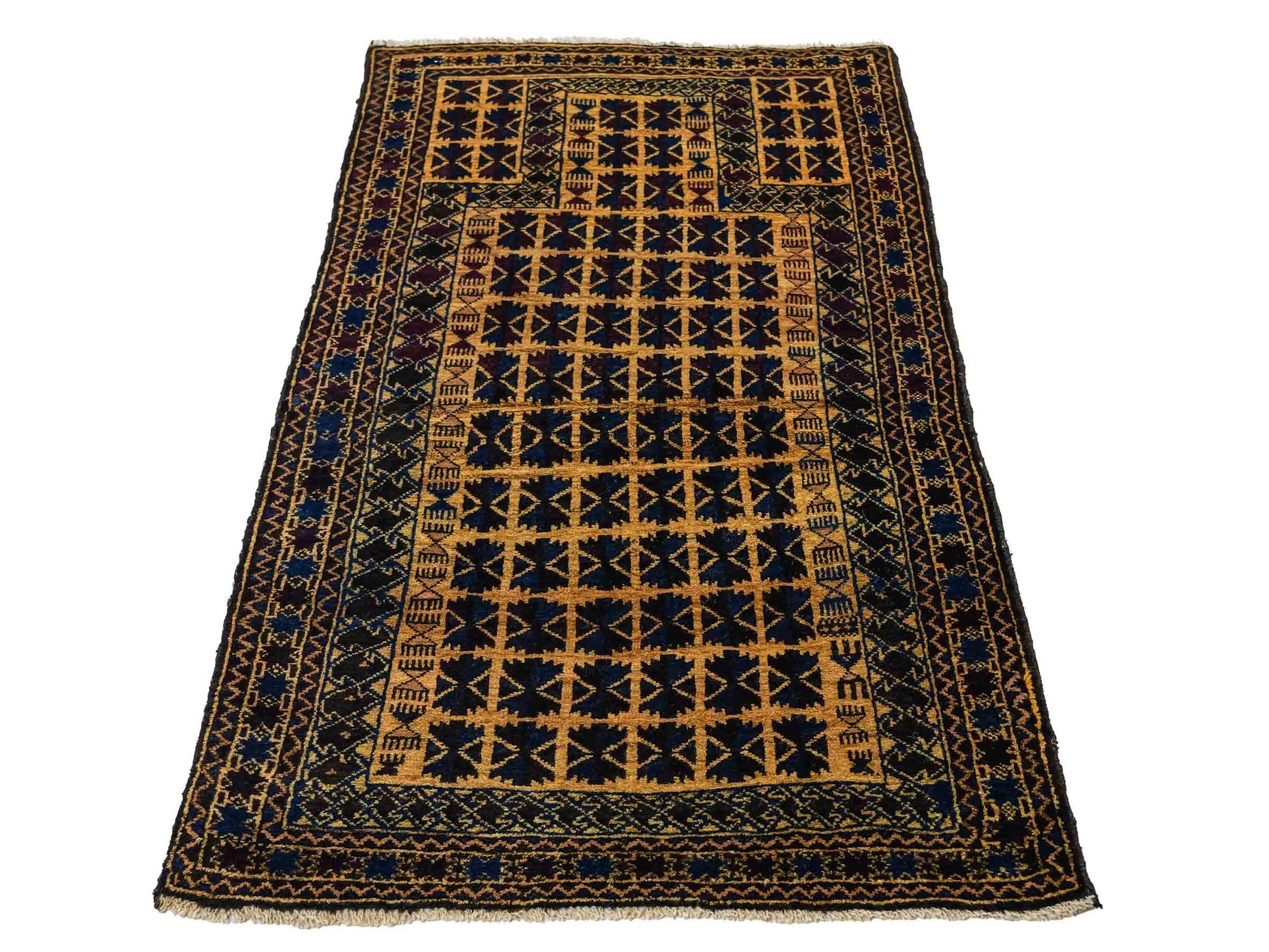 Antiker, handgeknüpfter, afghanischer Belutsch Nomadenteppich aus Wolle von Khademi. Größe: 124 x 76 cm. Farbe: Blau, gold. Verkauf durch JUPITER Intl.