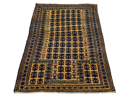Antiker, handgeknüpfter, afghanischer Belutsch Nomadenteppich aus Wolle von Khademi. Größe: 124 x 76 cm. Farbe: Blau, gold. Verkauf durch JUPITER Intl.