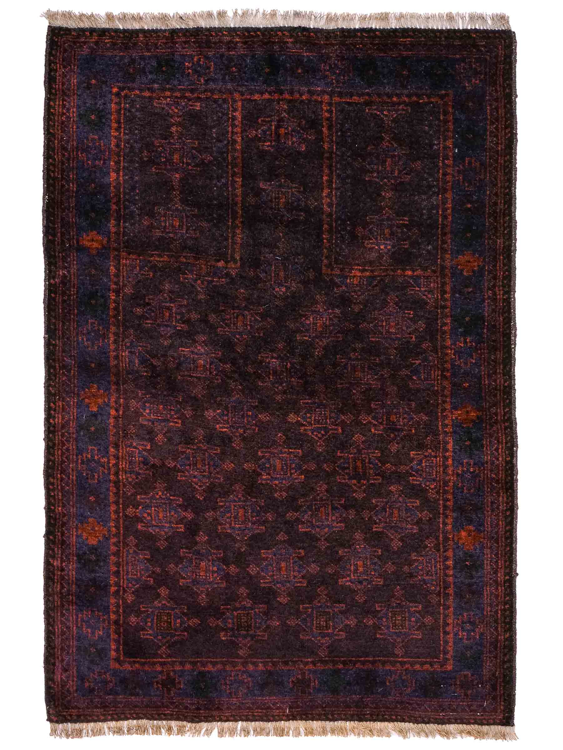 Antiker, handgeknüpfter, afghanischer Belutsch Nomadenteppich aus Wolle von Khademi. Größe: 127 x 84 cm. Farbe: Braun, blau. Verkauf durch JUPITER Intl.