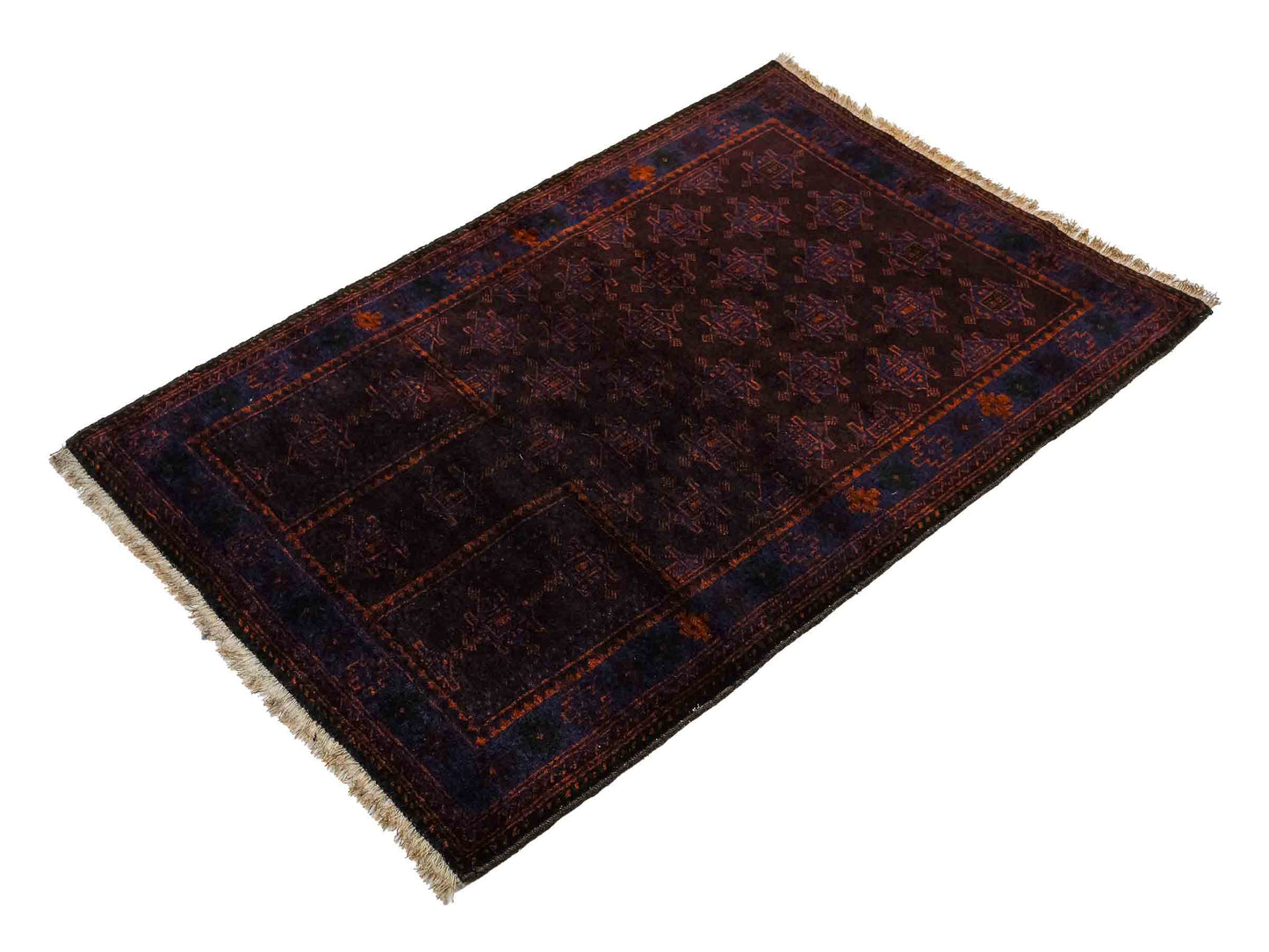 Antiker, handgeknüpfter, afghanischer Belutsch Nomadenteppich aus Wolle von Khademi. Größe: 127 x 84 cm. Farbe: Braun, blau. Verkauf durch JUPITER Intl.