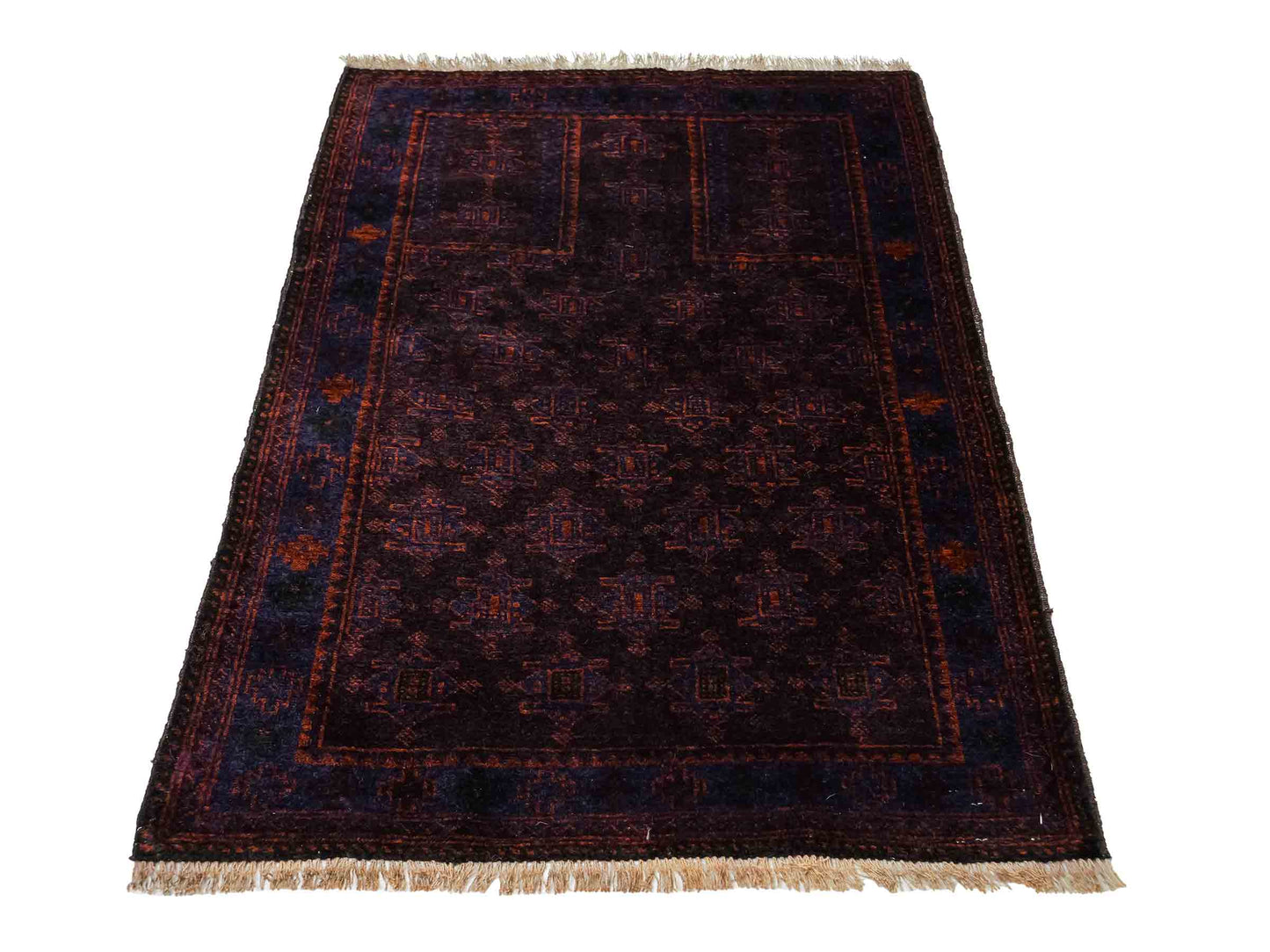 Antiker, handgeknüpfter, afghanischer Belutsch Nomadenteppich aus Wolle von Khademi. Größe: 127 x 84 cm. Farbe: Braun, blau. Verkauf durch JUPITER Intl.