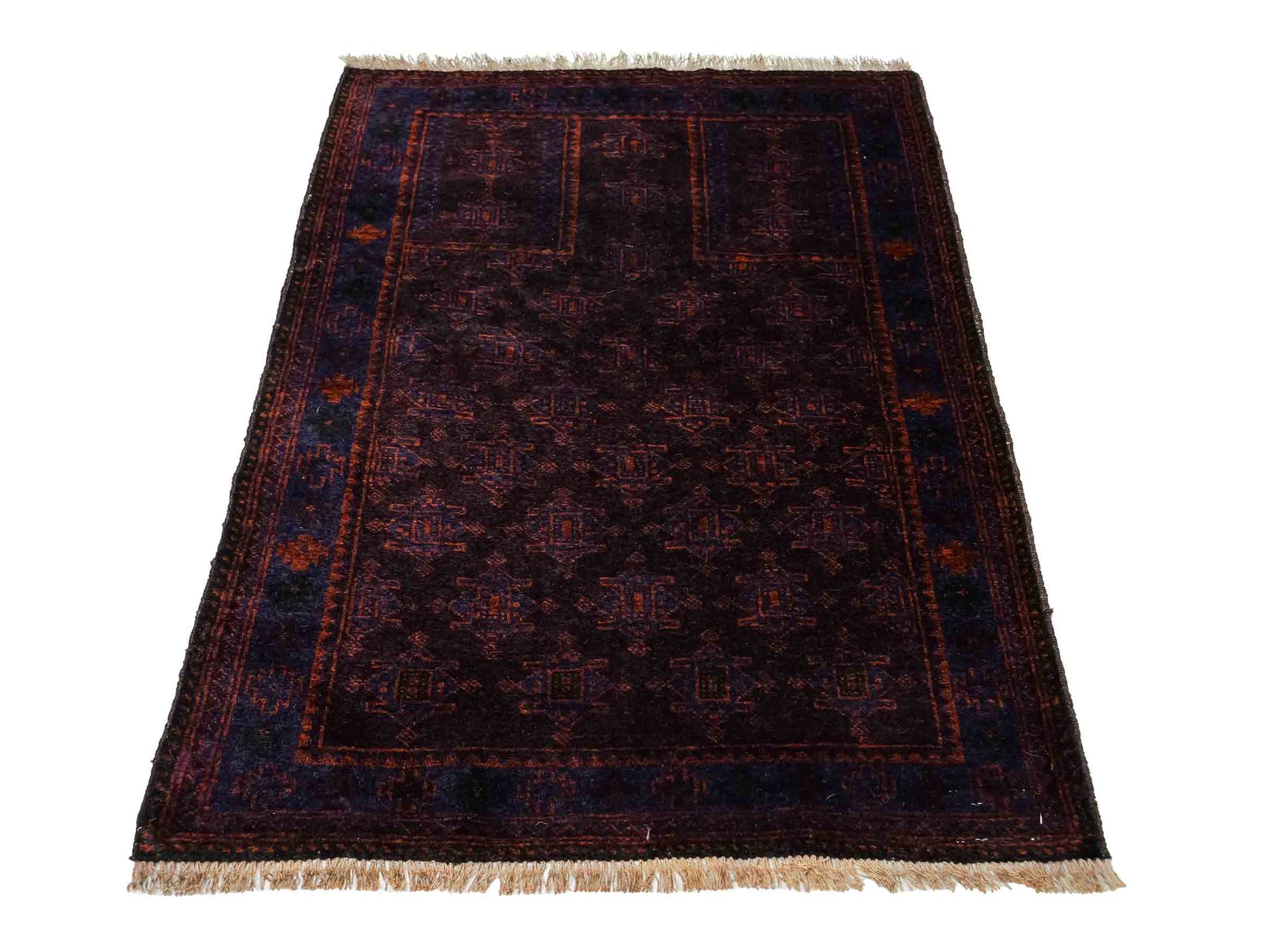Antiker, handgeknüpfter, afghanischer Belutsch Nomadenteppich aus Wolle von Khademi. Größe: 127 x 84 cm. Farbe: Braun, blau. Verkauf durch JUPITER Intl.