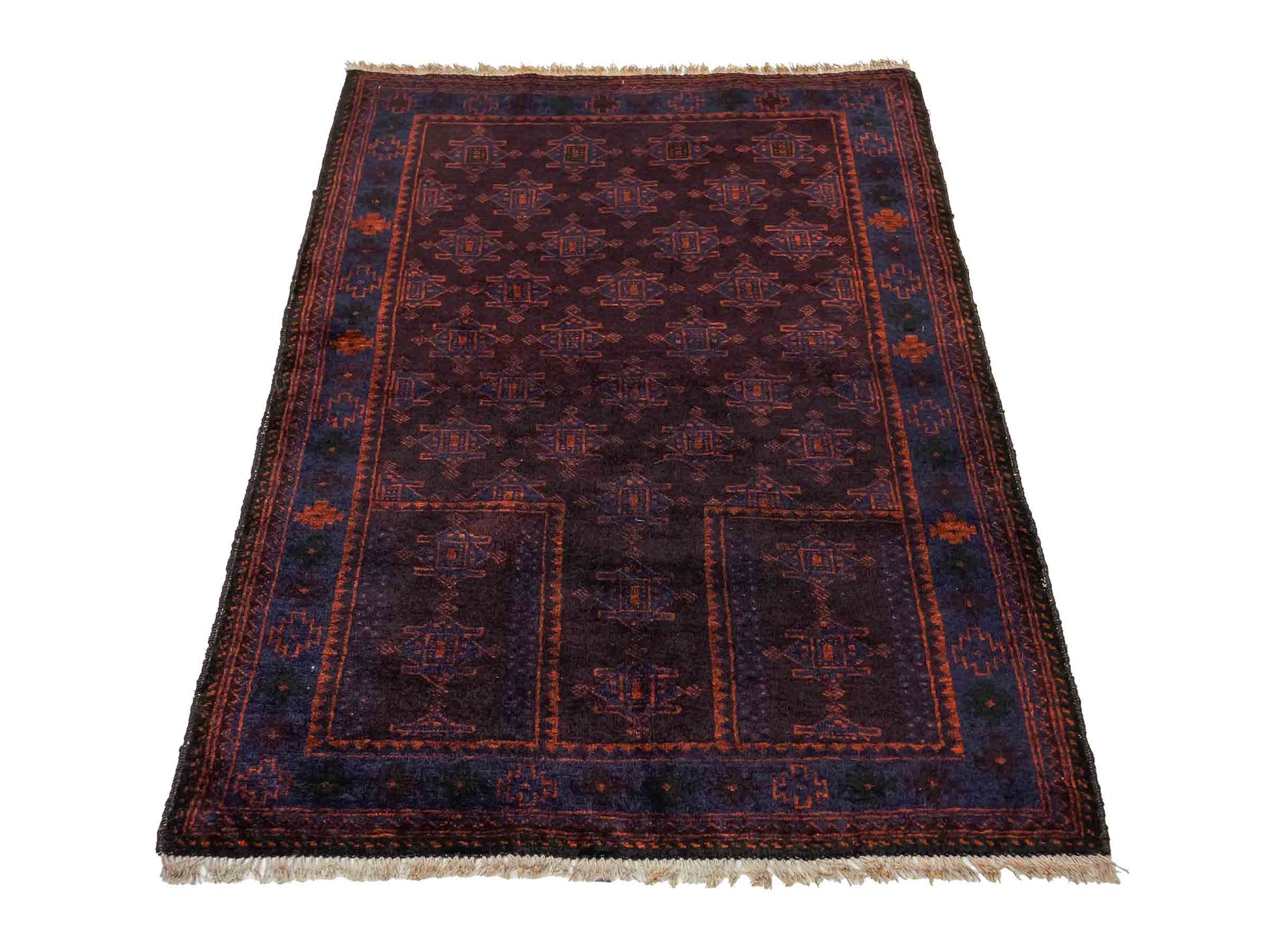 Antiker, handgeknüpfter, afghanischer Belutsch Nomadenteppich aus Wolle von Khademi. Größe: 127 x 84 cm. Farbe: Braun, blau. Verkauf durch JUPITER Intl.
