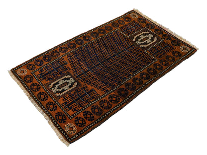Antiker, handgeknüpfter, afghanischer Belutsch Nomadenteppich aus Wolle von Khademi. Größe: 131 x 86 cm. Farbe: Braun, blau. Verkauf durch JUPITER Intl.