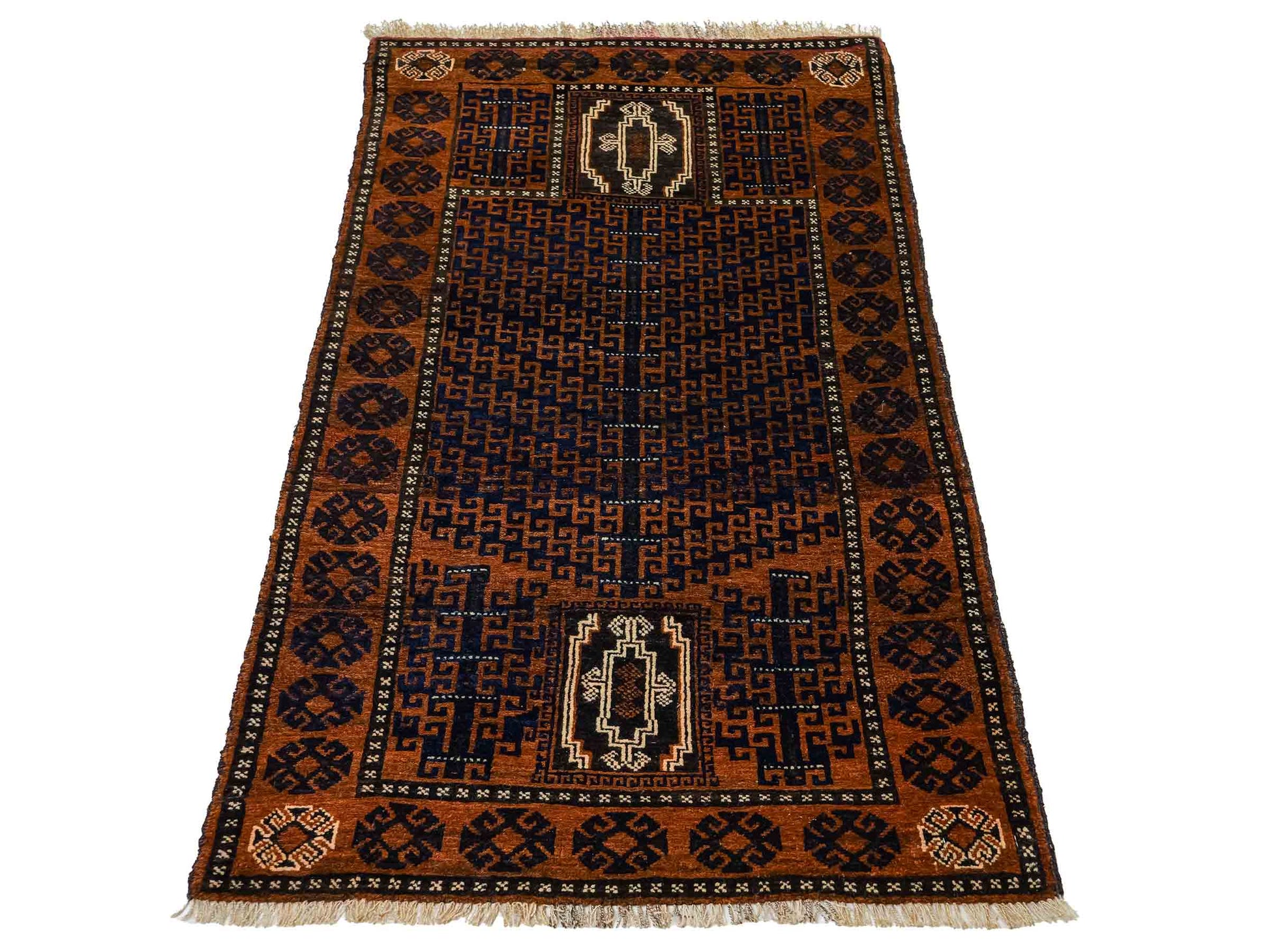 Antiker, handgeknüpfter, afghanischer Belutsch Nomadenteppich aus Wolle von Khademi. Größe: 131 x 86 cm. Farbe: Braun, blau. Verkauf durch JUPITER Intl.