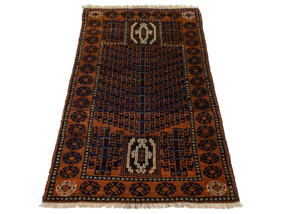 Antiker, handgeknüpfter, afghanischer Belutsch Nomadenteppich aus Wolle von Khademi. Größe: 131 x 86 cm. Farbe: Braun, blau. Verkauf durch JUPITER Intl.