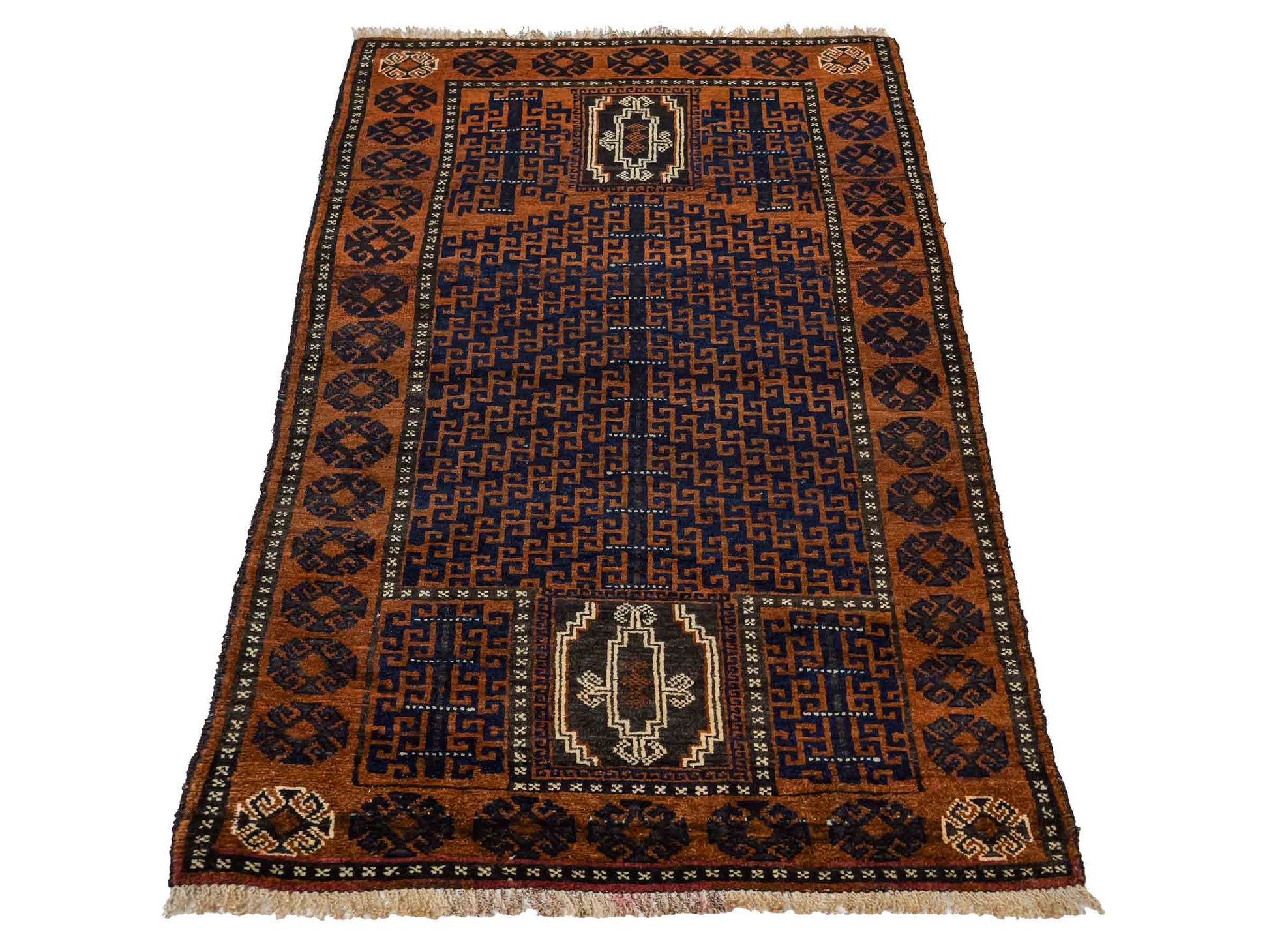 Antiker, handgeknüpfter, afghanischer Belutsch Nomadenteppich aus Wolle von Khademi. Größe: 131 x 86 cm. Farbe: Braun, blau. Verkauf durch JUPITER Intl.