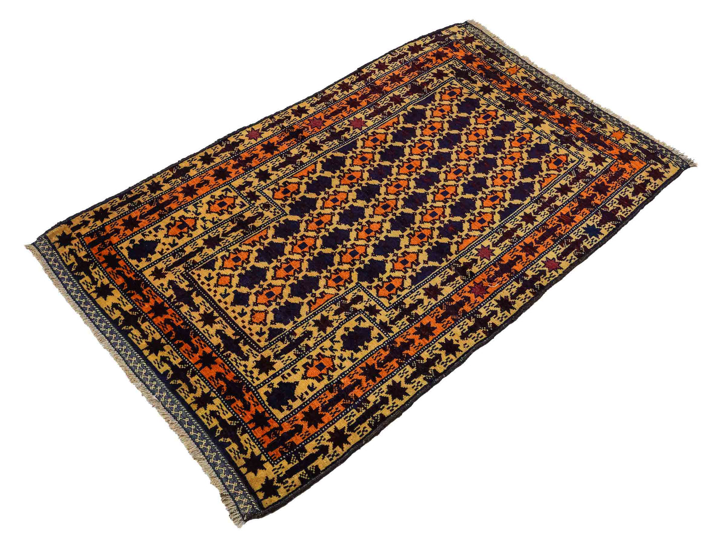 Antiker, handgeknüpfter, afghanischer Belutsch Nomadenteppich aus Wolle von Khademi. Größe: 132 x 84 cm. Farbe: Beige, orange, blau. Verkauf durch JUPITER Intl.