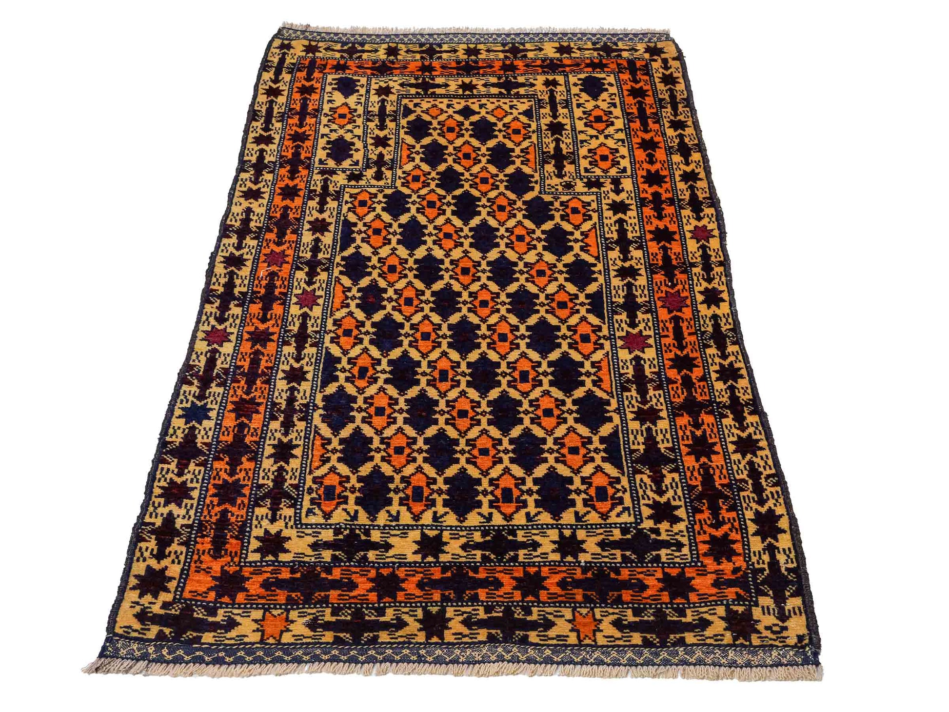 Antiker, handgeknüpfter, afghanischer Belutsch Nomadenteppich aus Wolle von Khademi. Größe: 132 x 84 cm. Farbe: Beige, orange, blau. Verkauf durch JUPITER Intl.