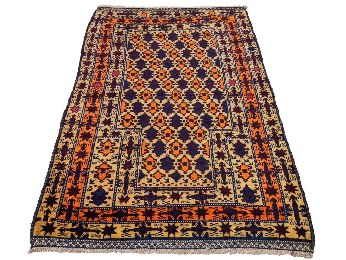 Antiker, handgeknüpfter, afghanischer Belutsch Nomadenteppich aus Wolle von Khademi. Größe: 132 x 84 cm. Farbe: Beige, orange, blau. Verkauf durch JUPITER Intl.