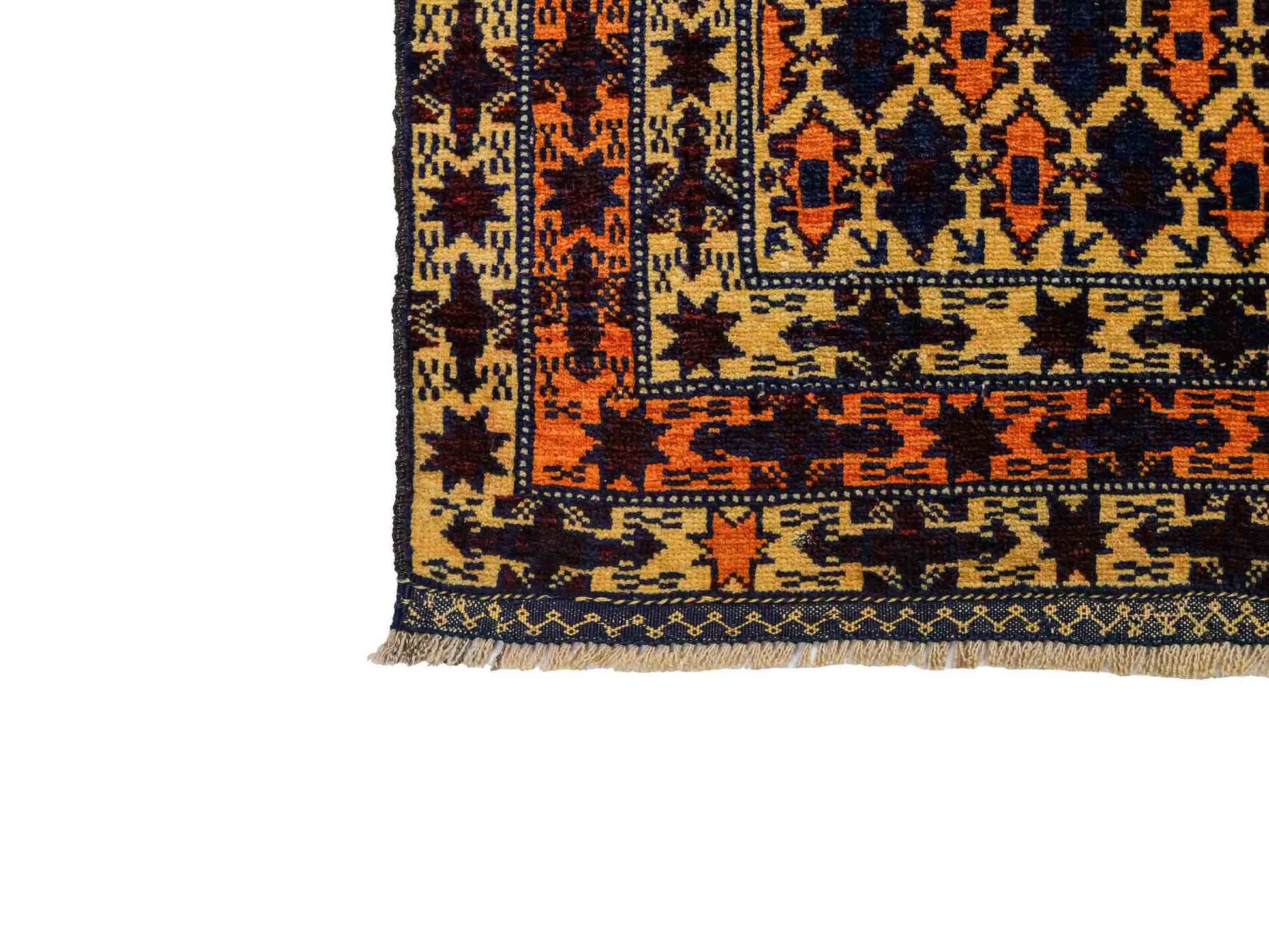 Antiker, handgeknüpfter, afghanischer Belutsch Nomadenteppich aus Wolle von Khademi. Größe: 132 x 84 cm. Farbe: Beige, orange, blau. Verkauf durch JUPITER Intl.