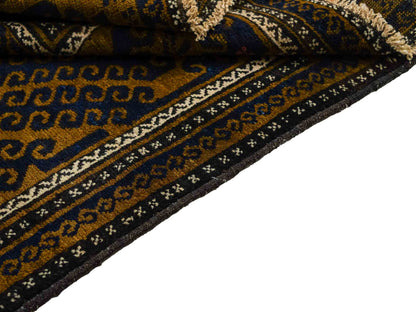 Antiker, handgeknüpfter, afghanischer Belutsch Nomadenteppich aus Wolle von Khademi. Größe: 136 x 80 cm. Farbe: Blau, gold. Verkauf durch JUPITER Intl.