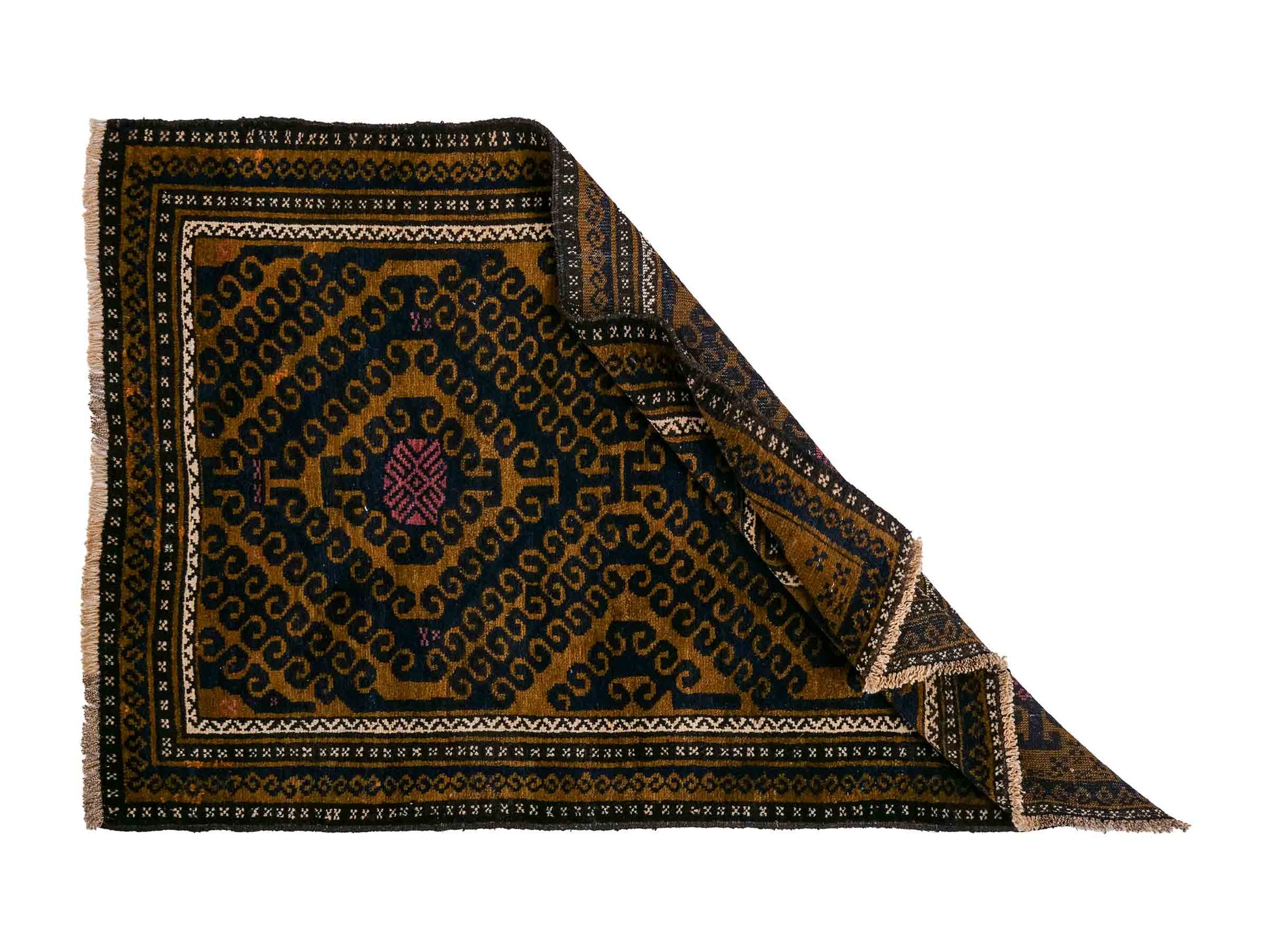 Antiker, handgeknüpfter, afghanischer Belutsch Nomadenteppich aus Wolle von Khademi. Größe: 136 x 80 cm. Farbe: Blau, gold. Verkauf durch JUPITER Intl.