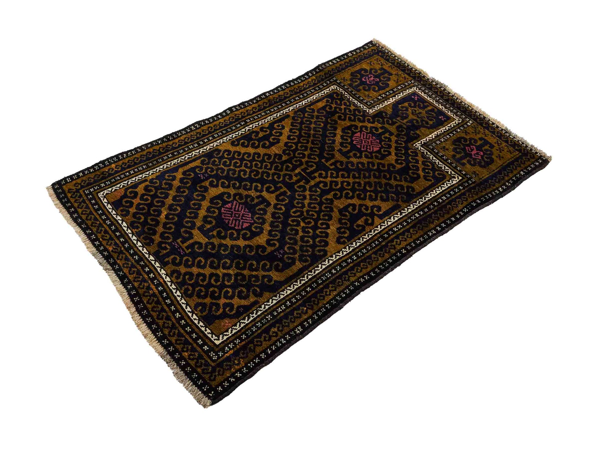 Antiker, handgeknüpfter, afghanischer Belutsch Nomadenteppich aus Wolle von Khademi. Größe: 136 x 80 cm. Farbe: Blau, gold. Verkauf durch JUPITER Intl.
