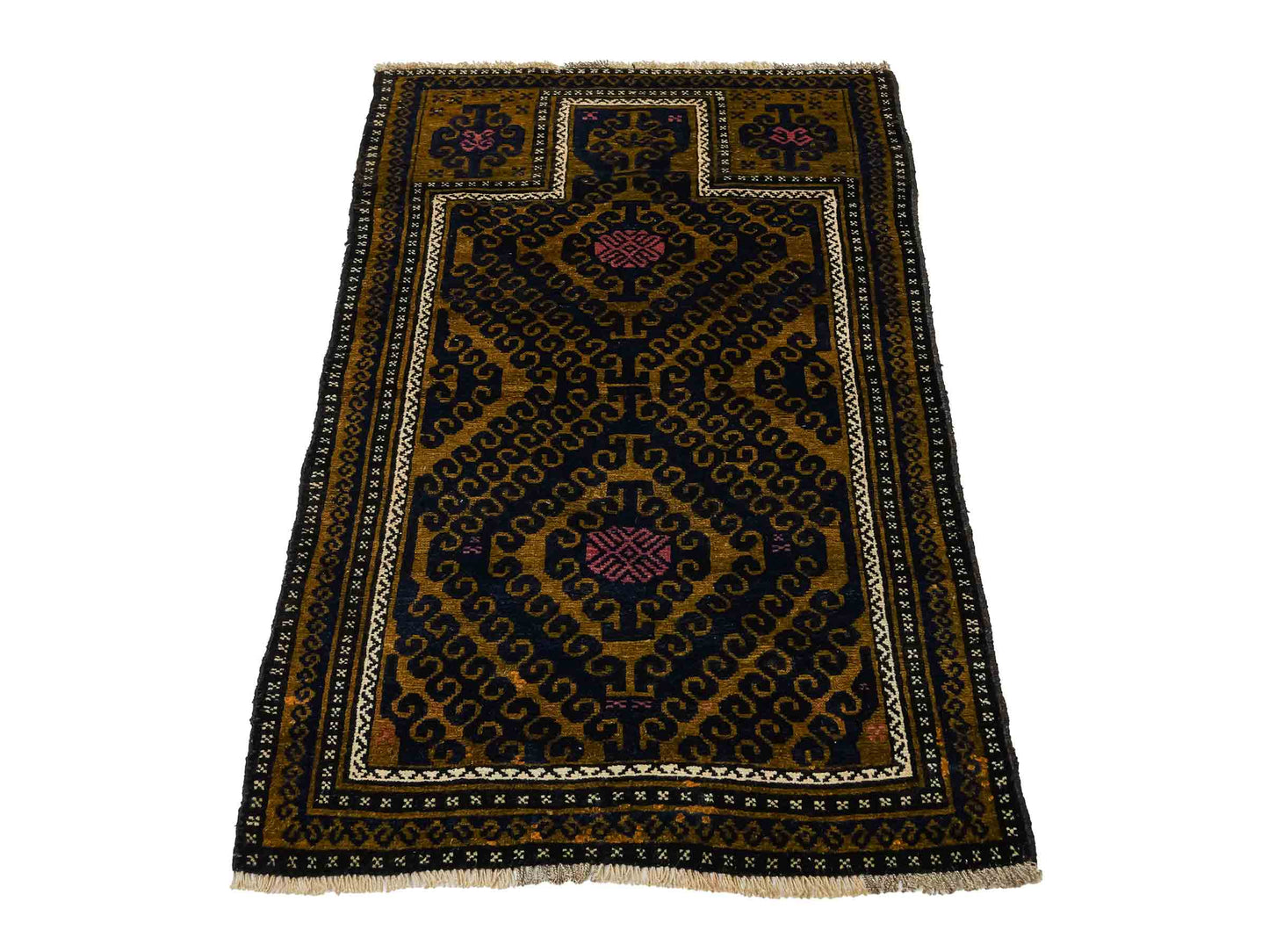 Antiker, handgeknüpfter, afghanischer Belutsch Nomadenteppich aus Wolle von Khademi. Größe: 136 x 80 cm. Farbe: Blau, gold. Verkauf durch JUPITER Intl.