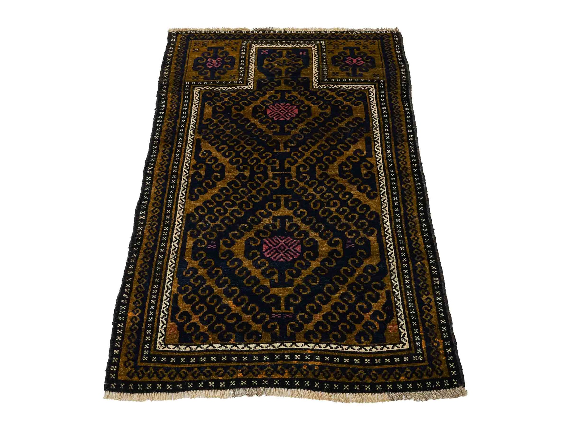 Antiker, handgeknüpfter, afghanischer Belutsch Nomadenteppich aus Wolle von Khademi. Größe: 136 x 80 cm. Farbe: Blau, gold. Verkauf durch JUPITER Intl.