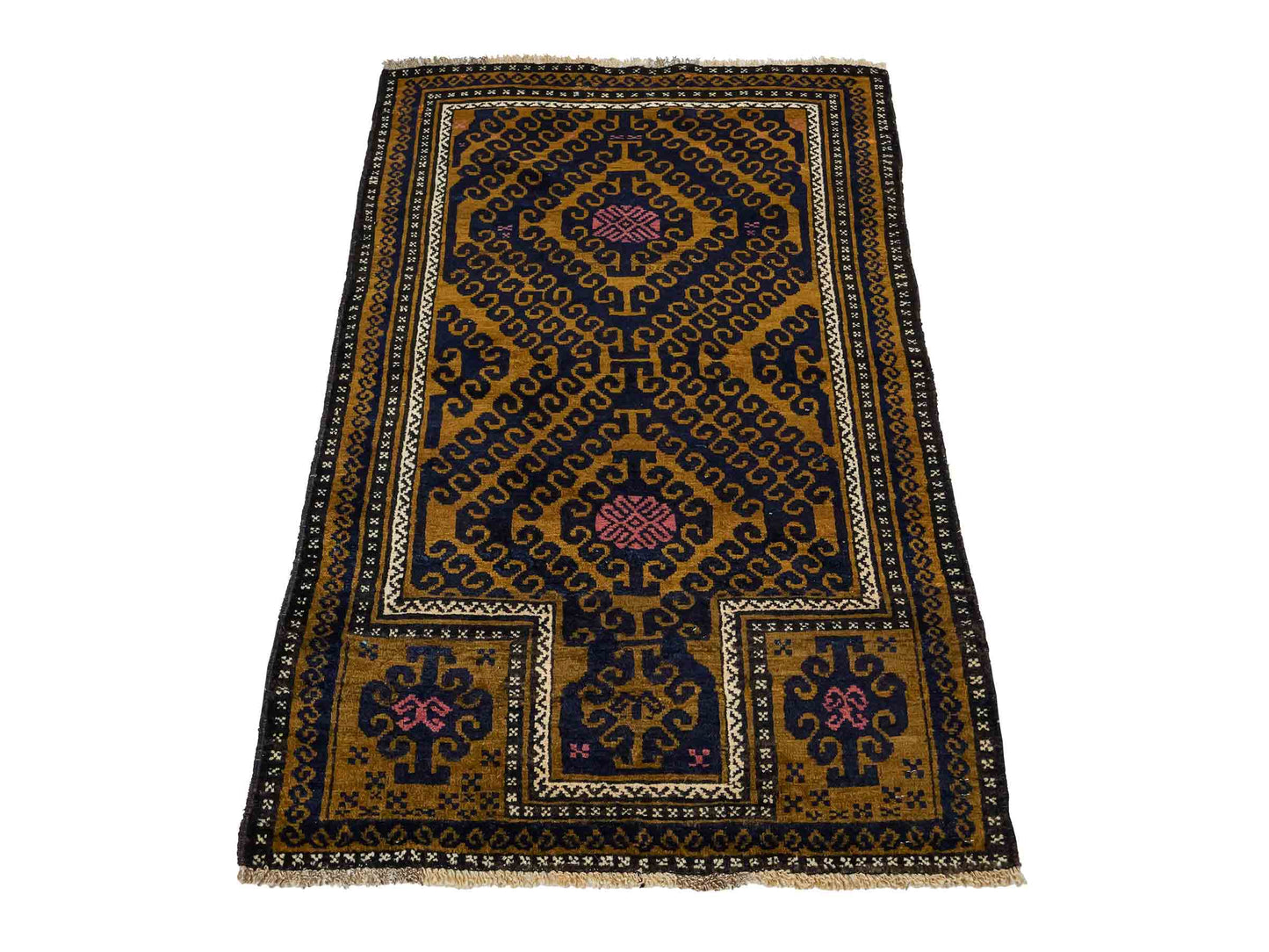 Antiker, handgeknüpfter, afghanischer Belutsch Nomadenteppich aus Wolle von Khademi. Größe: 136 x 80 cm. Farbe: Blau, gold. Verkauf durch JUPITER Intl.