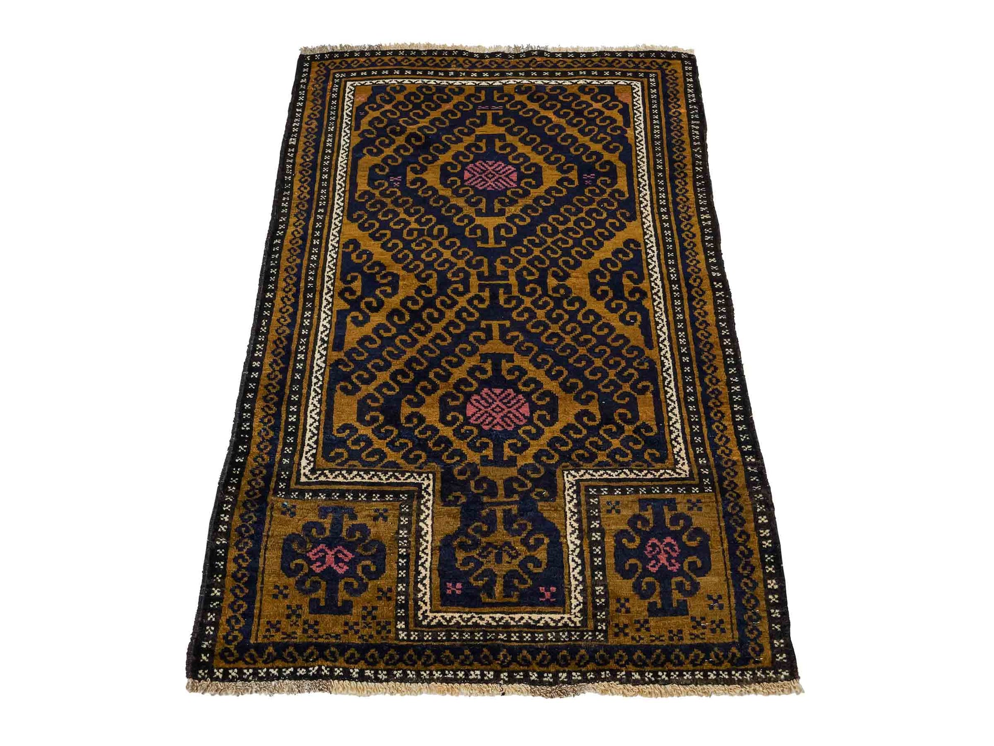 Antiker, handgeknüpfter, afghanischer Belutsch Nomadenteppich aus Wolle von Khademi. Größe: 136 x 80 cm. Farbe: Blau, gold. Verkauf durch JUPITER Intl.