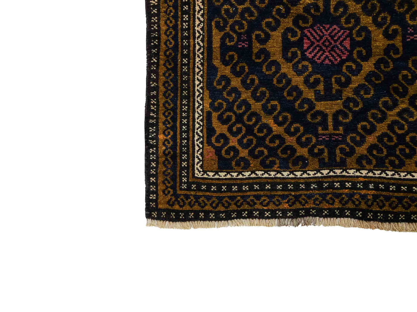Antiker, handgeknüpfter, afghanischer Belutsch Nomadenteppich aus Wolle von Khademi. Größe: 136 x 80 cm. Farbe: Blau, gold. Verkauf durch JUPITER Intl.