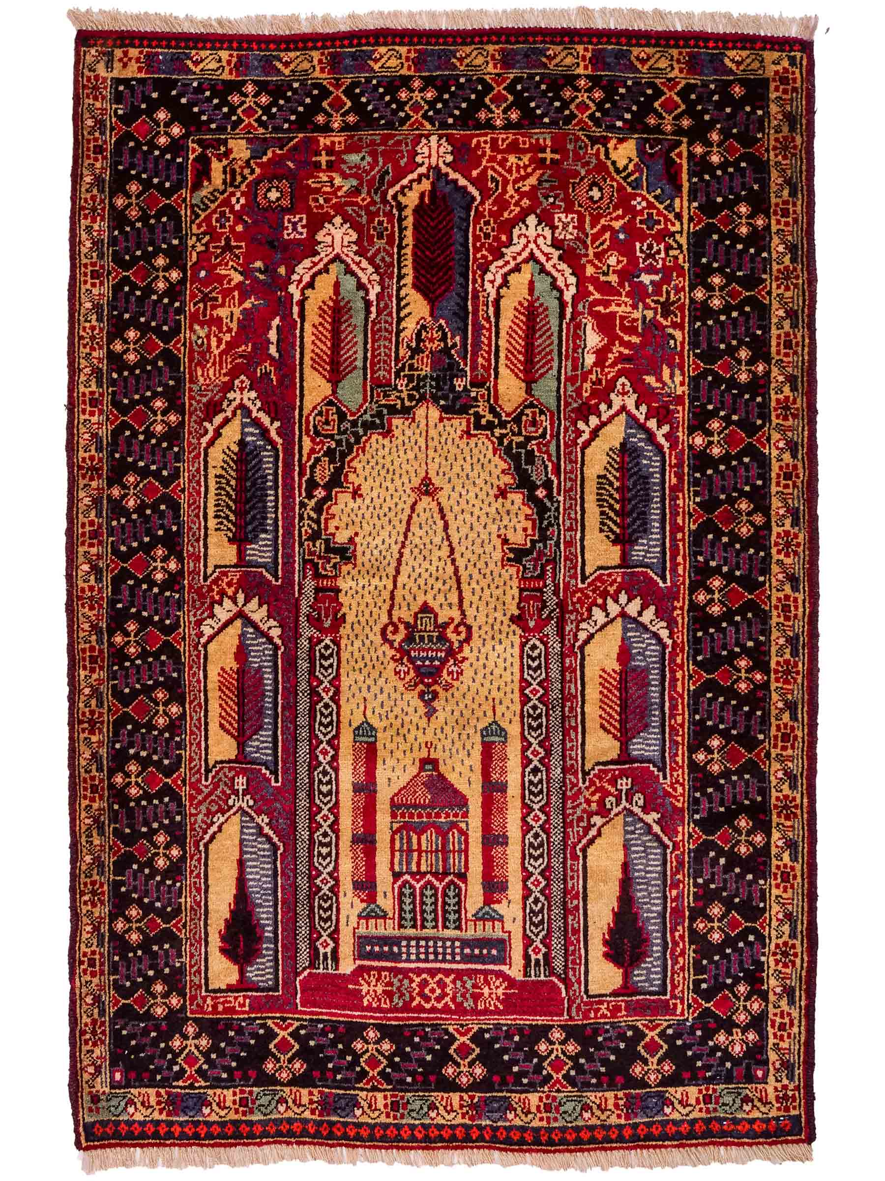 Antiker, handgeknüpfter, afghanischer Belutsch Nomadenteppich aus Wolle von Khademi. Größe: 136 x 87 cm. Farbe: Beige, rot, blau. Verkauf durch JUPITER Intl.