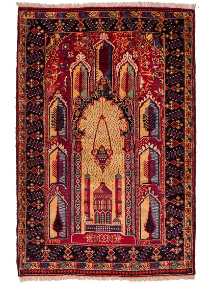Antiker, handgeknüpfter, afghanischer Belutsch Nomadenteppich aus Wolle von Khademi. Größe: 136 x 87 cm. Farbe: Beige, rot, blau. Verkauf durch JUPITER Intl.