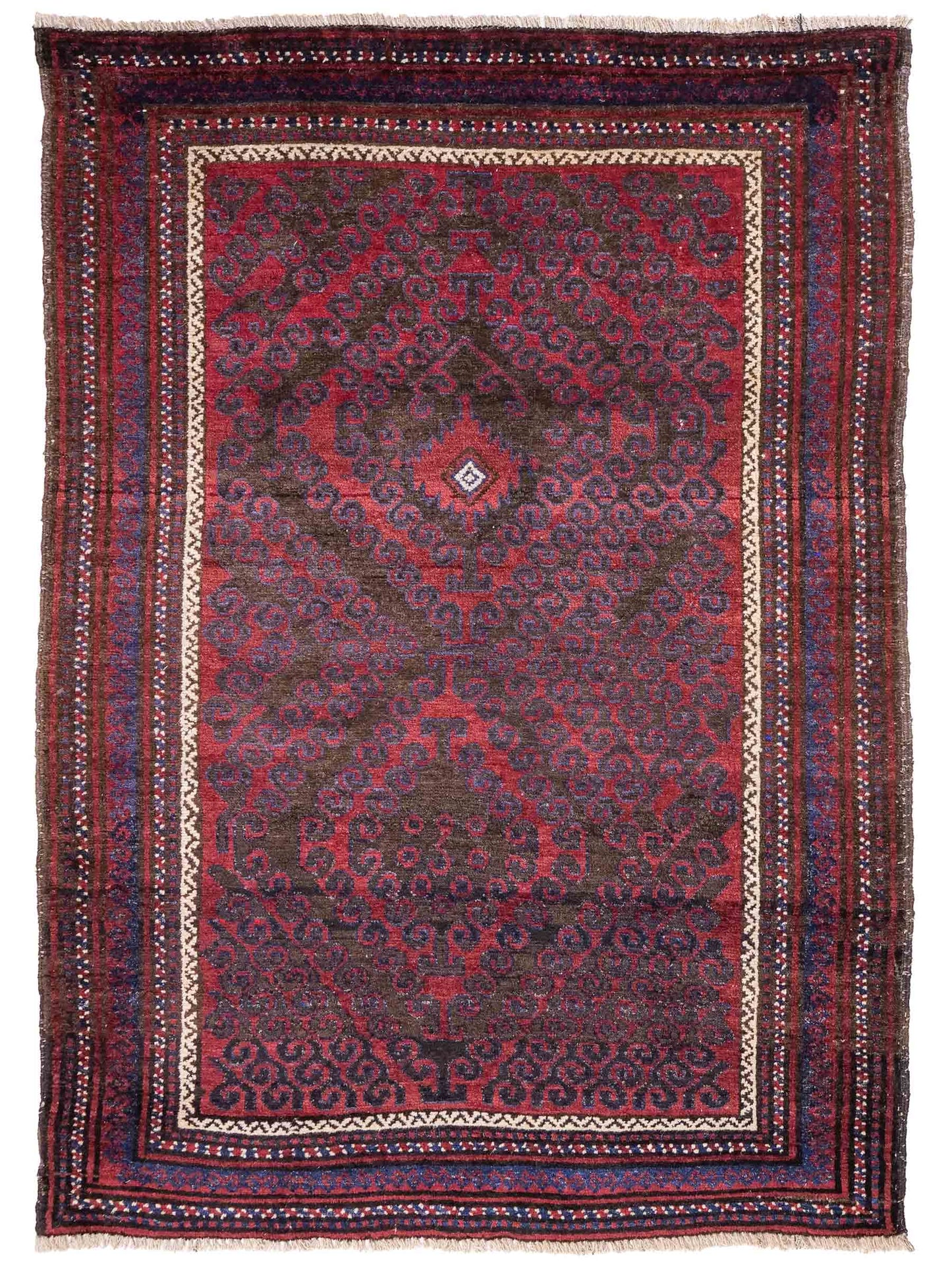 Antiker, handgeknüpfter, afghanischer Belutsch Nomadenteppich aus Wolle von Khademi. Größe: 136 x 94 cm. Farbe: Rot, braun, blau. Verkauf durch JUPITER Intl.