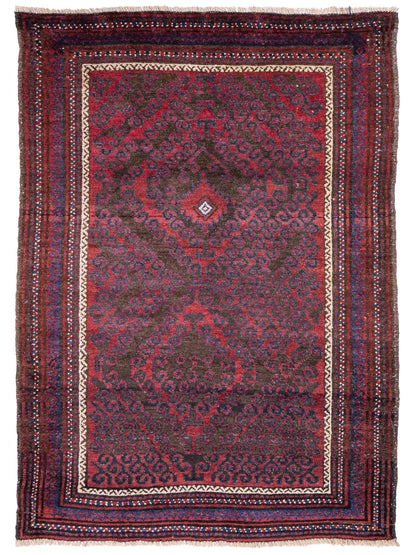 Antiker, handgeknüpfter, afghanischer Belutsch Nomadenteppich aus Wolle von Khademi. Größe: 136 x 94 cm. Farbe: Rot, braun, blau. Verkauf durch JUPITER Intl.