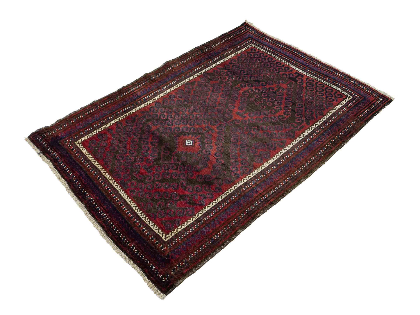 Antiker, handgeknüpfter, afghanischer Belutsch Nomadenteppich aus Wolle von Khademi. Größe: 136 x 94 cm. Farbe: Rot, braun, blau. Verkauf durch JUPITER Intl.