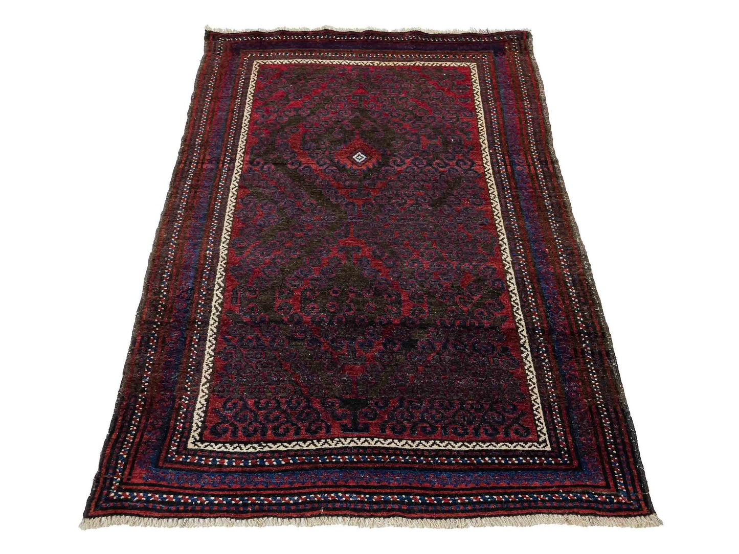 Antiker, handgeknüpfter, afghanischer Belutsch Nomadenteppich aus Wolle von Khademi. Größe: 136 x 94 cm. Farbe: Rot, braun, blau. Verkauf durch JUPITER Intl.