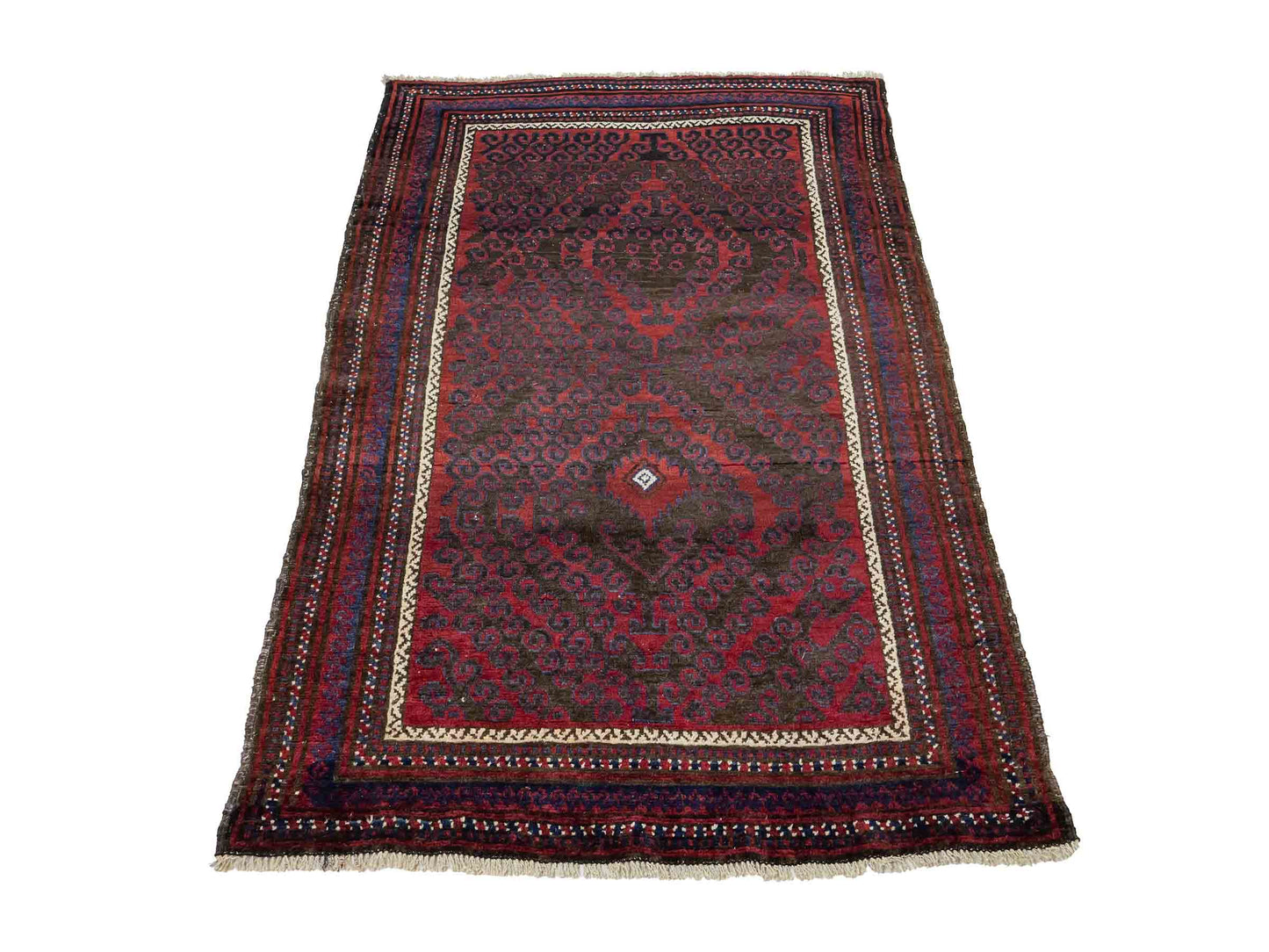 Antiker, handgeknüpfter, afghanischer Belutsch Nomadenteppich aus Wolle von Khademi. Größe: 136 x 94 cm. Farbe: Rot, braun, blau. Verkauf durch JUPITER Intl.