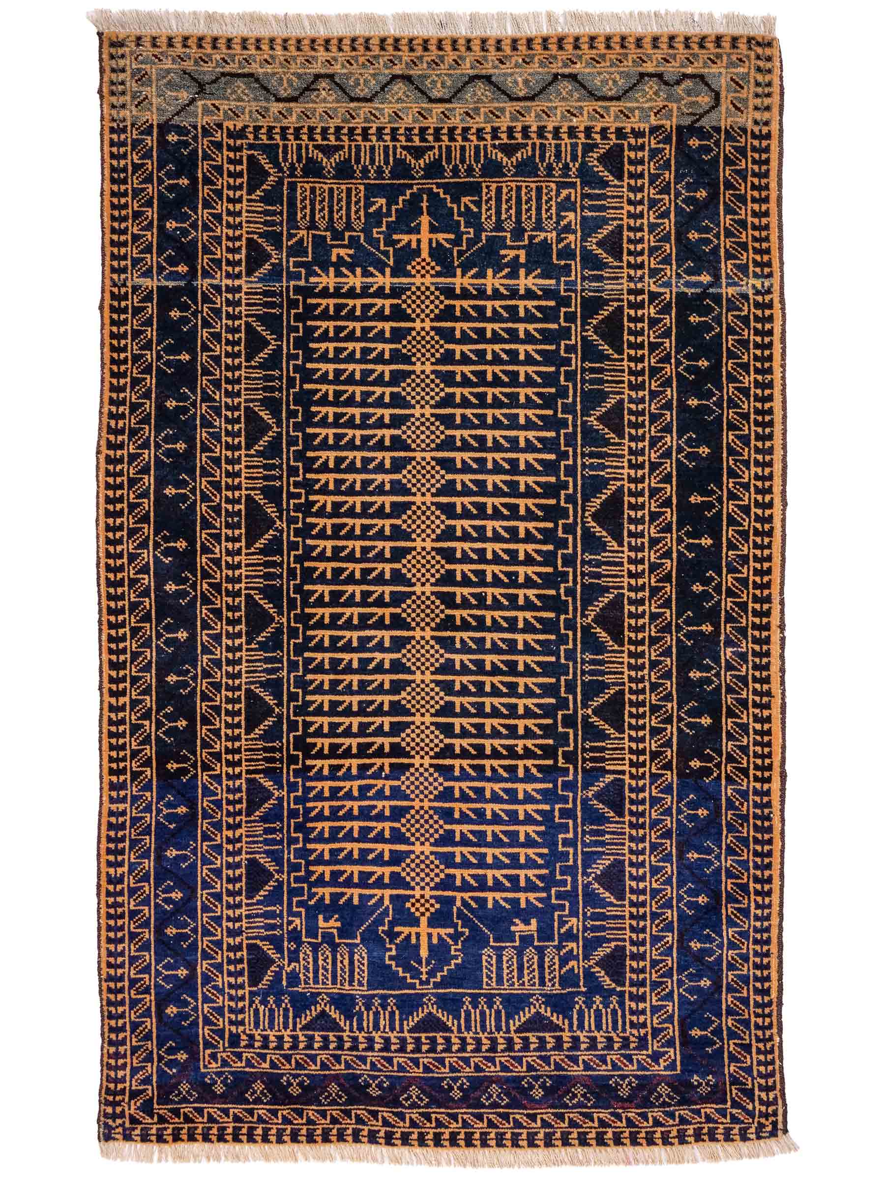 Antiker, handgeknüpfter, afghanischer Belutsch Nomadenteppich aus Wolle von Khademi. Größe: 139 x 89 cm. Farbe: Blau, gold. Verkauf durch JUPITER Intl.