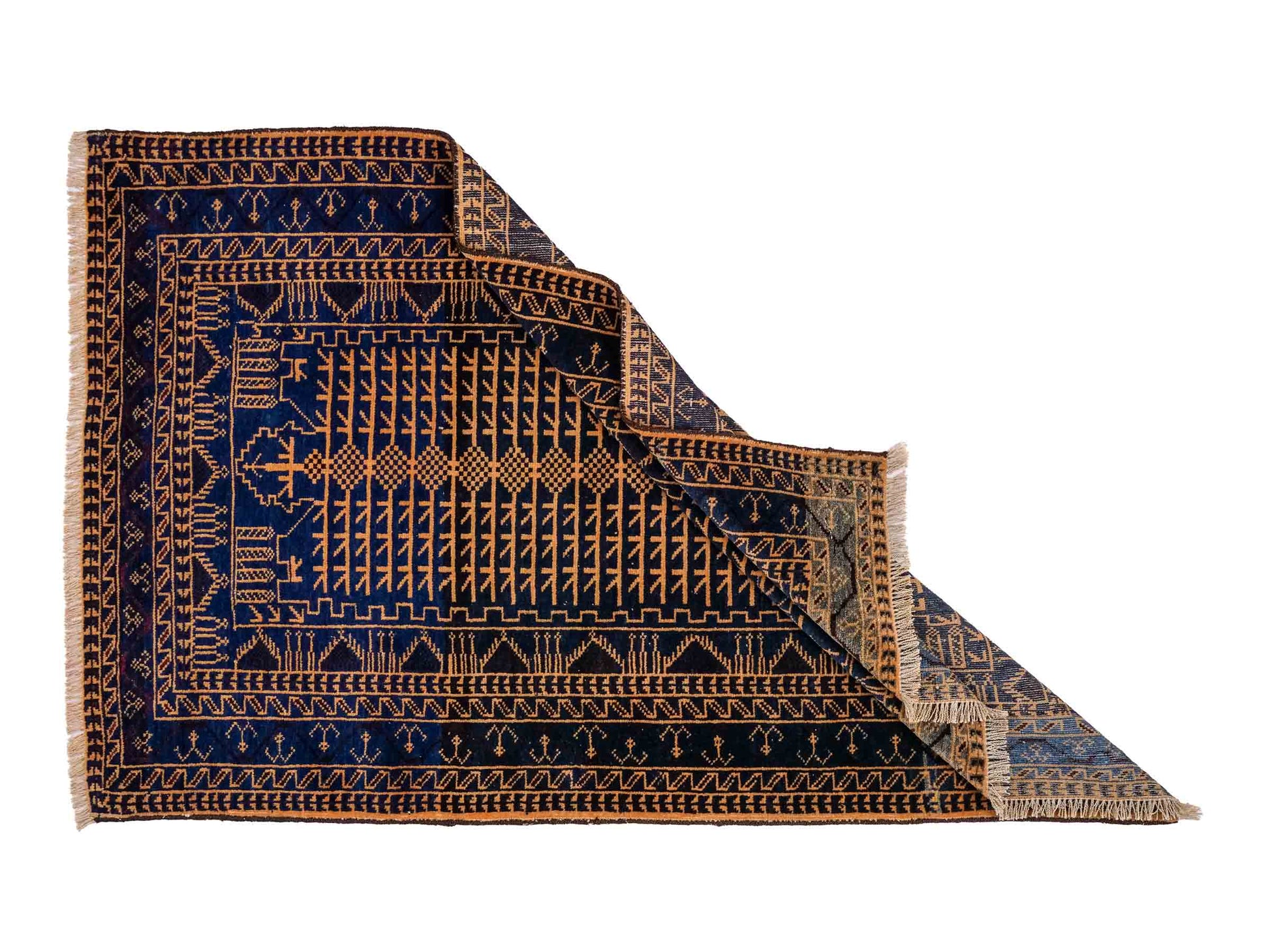 Antiker, handgeknüpfter, afghanischer Belutsch Nomadenteppich aus Wolle von Khademi. Größe: 139 x 89 cm. Farbe: Blau, gold. Verkauf durch JUPITER Intl.