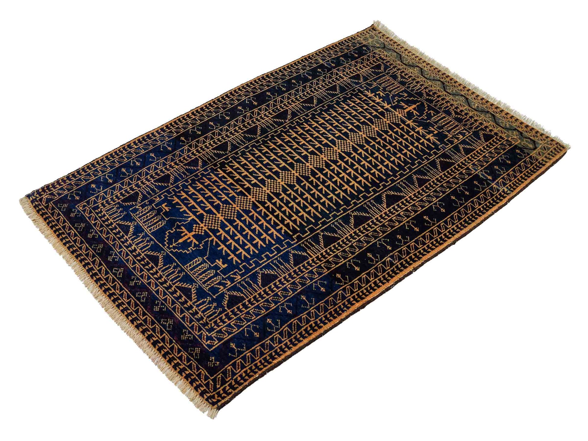 Antiker, handgeknüpfter, afghanischer Belutsch Nomadenteppich aus Wolle von Khademi. Größe: 139 x 89 cm. Farbe: Blau, gold. Verkauf durch JUPITER Intl.