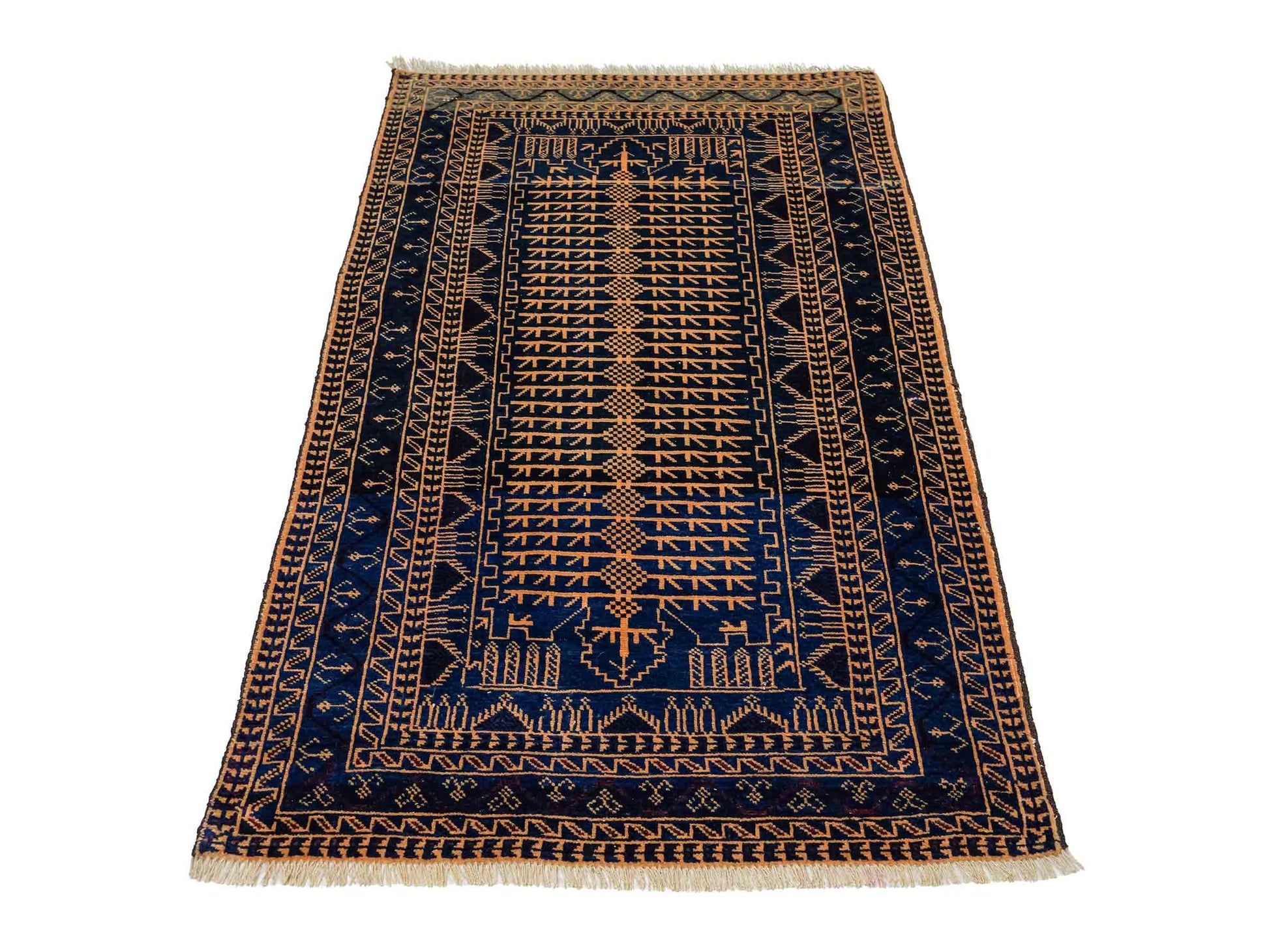 Antiker, handgeknüpfter, afghanischer Belutsch Nomadenteppich aus Wolle von Khademi. Größe: 139 x 89 cm. Farbe: Blau, gold. Verkauf durch JUPITER Intl.