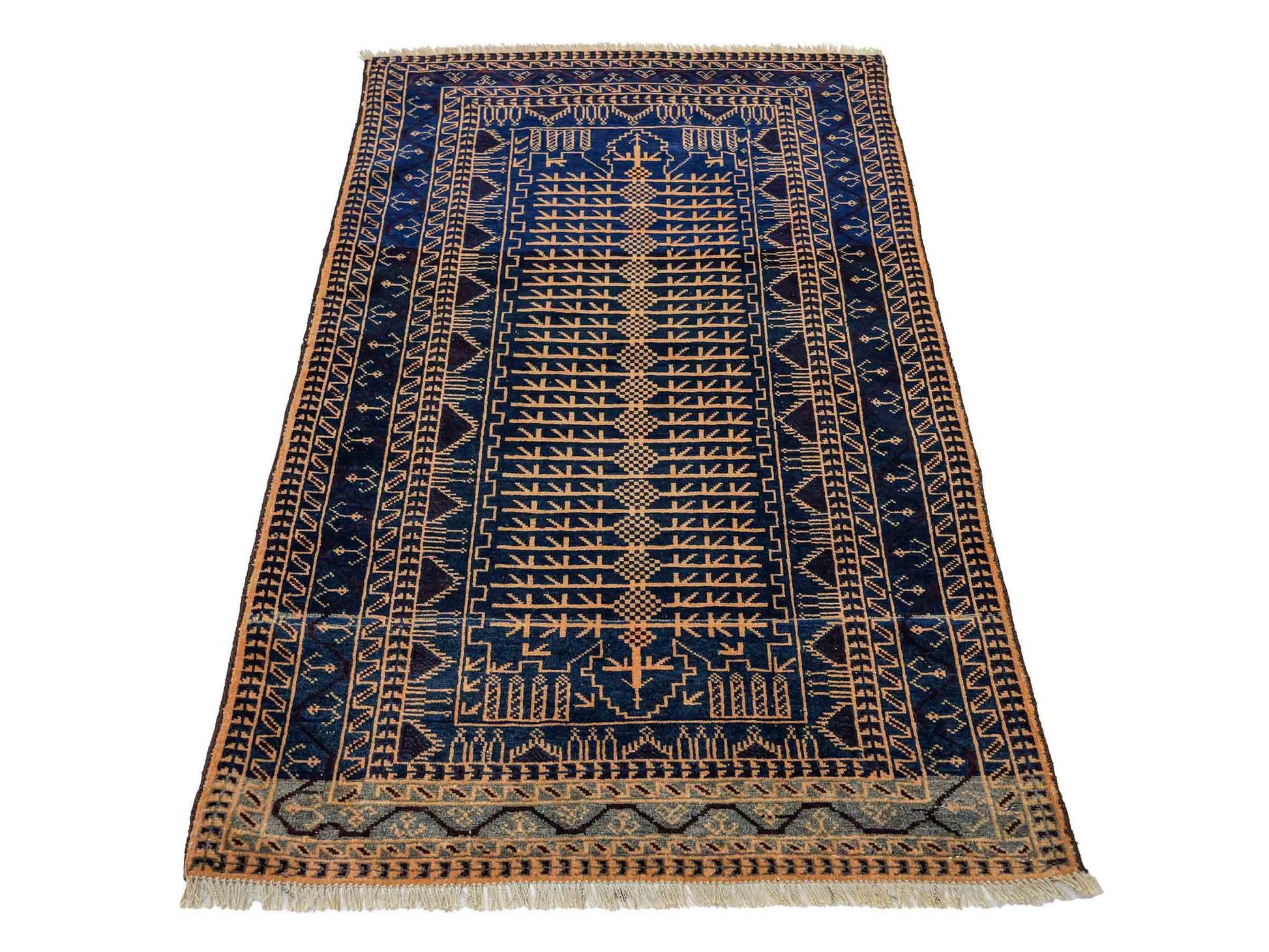 Antiker, handgeknüpfter, afghanischer Belutsch Nomadenteppich aus Wolle von Khademi. Größe: 139 x 89 cm. Farbe: Blau, gold. Verkauf durch JUPITER Intl.