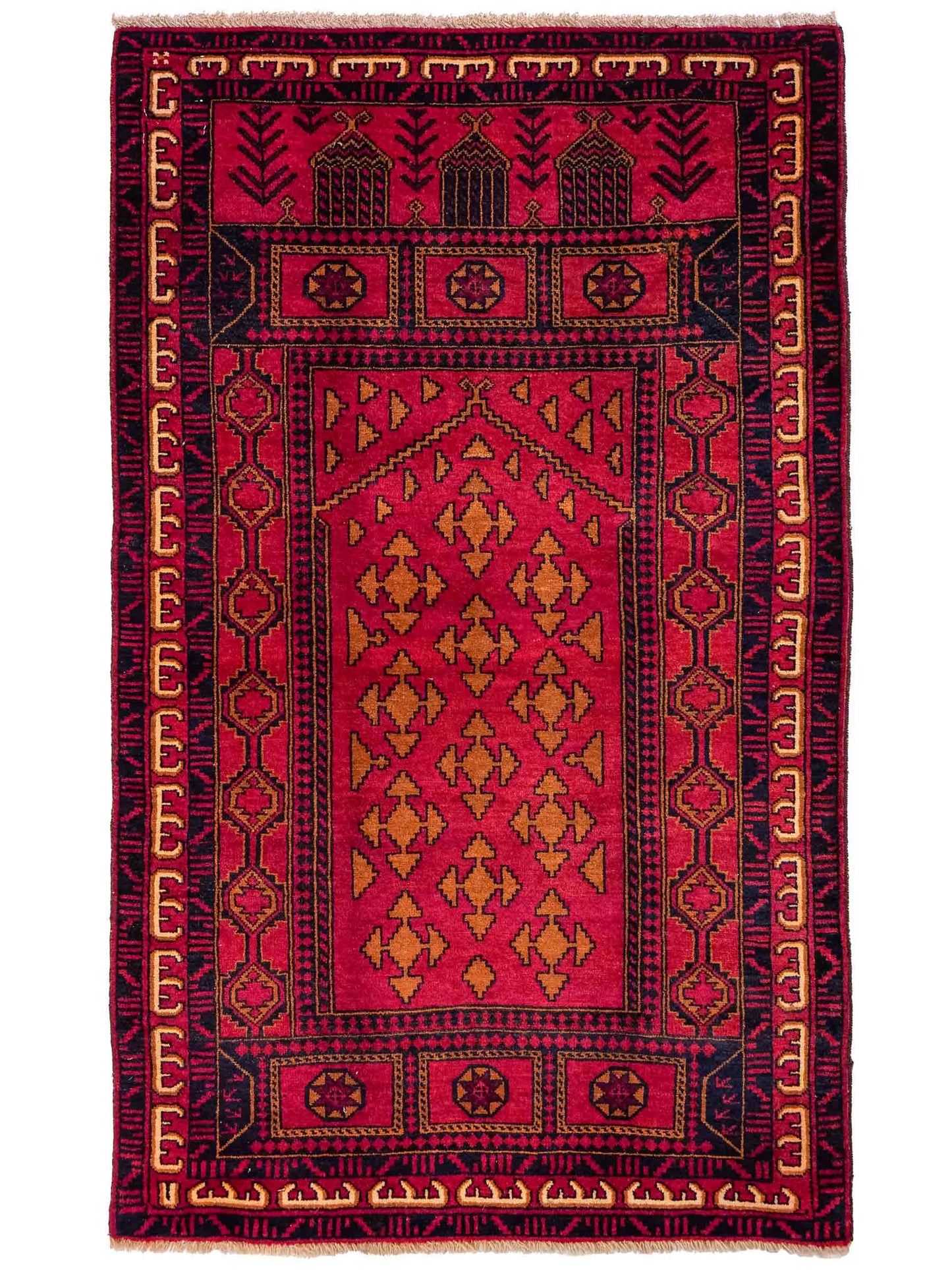 Antiker, handgeknüpfter, afghanischer Belutsch Nomadenteppich aus Wolle von Khademi. Größe: 142 x 87 cm. Farbe: Rot. Verkauf durch JUPITER Intl.