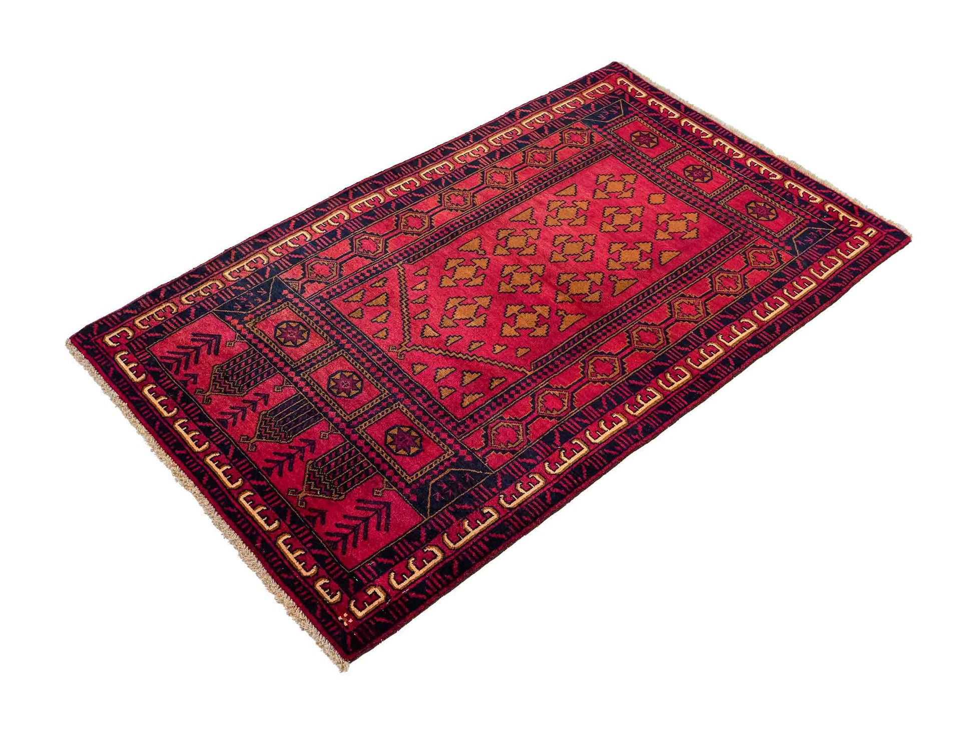 Antiker, handgeknüpfter, afghanischer Belutsch Nomadenteppich aus Wolle von Khademi. Größe: 142 x 87 cm. Farbe: Rot. Verkauf durch JUPITER Intl.