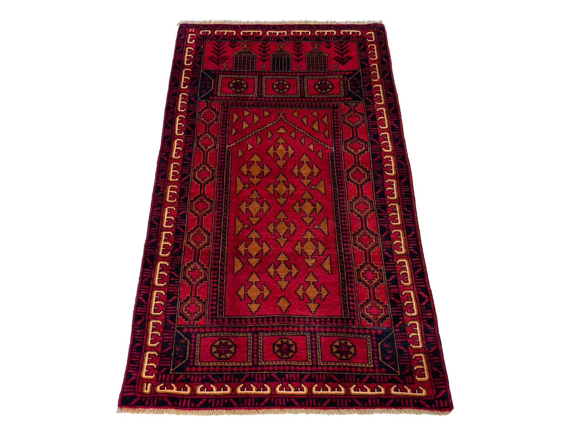 Antiker, handgeknüpfter, afghanischer Belutsch Nomadenteppich aus Wolle von Khademi. Größe: 142 x 87 cm. Farbe: Rot. Verkauf durch JUPITER Intl.