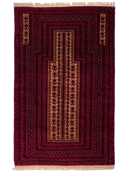 Sehr feiner, handgeknüpfter, antiker Belutsch Nomadenteppich aus Wolle von Khademi. Farbe: Rot, blau, cremeweiß. Größe: 142 x 90 cm. Vertrieb durch JUPITER Intl.
