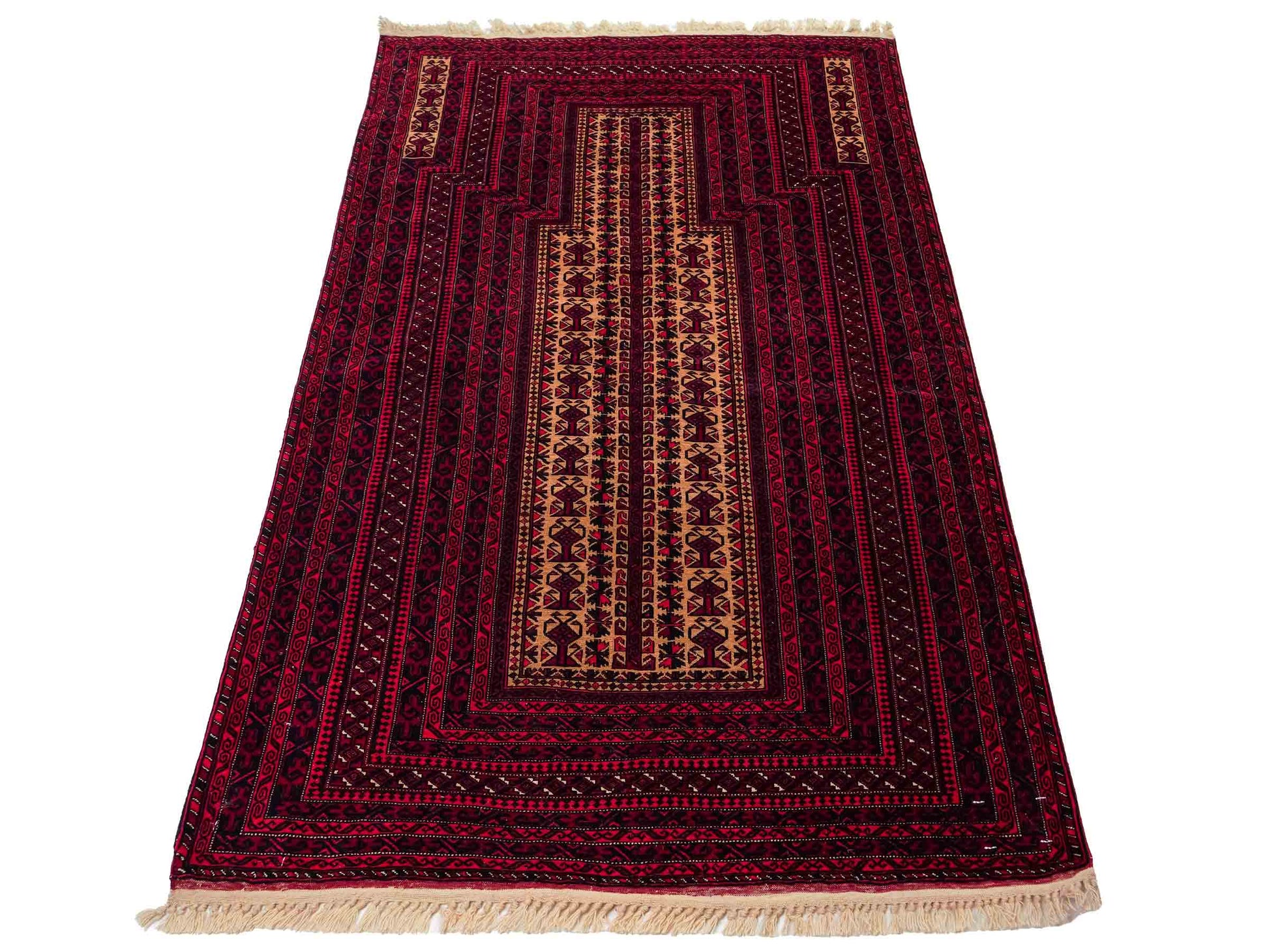 Sehr feiner, handgeknüpfter, antiker Belutsch Nomadenteppich aus Wolle von Khademi. Farbe: Rot, blau, cremeweiß. Größe: 142 x 90 cm. Vertrieb durch JUPITER Intl.