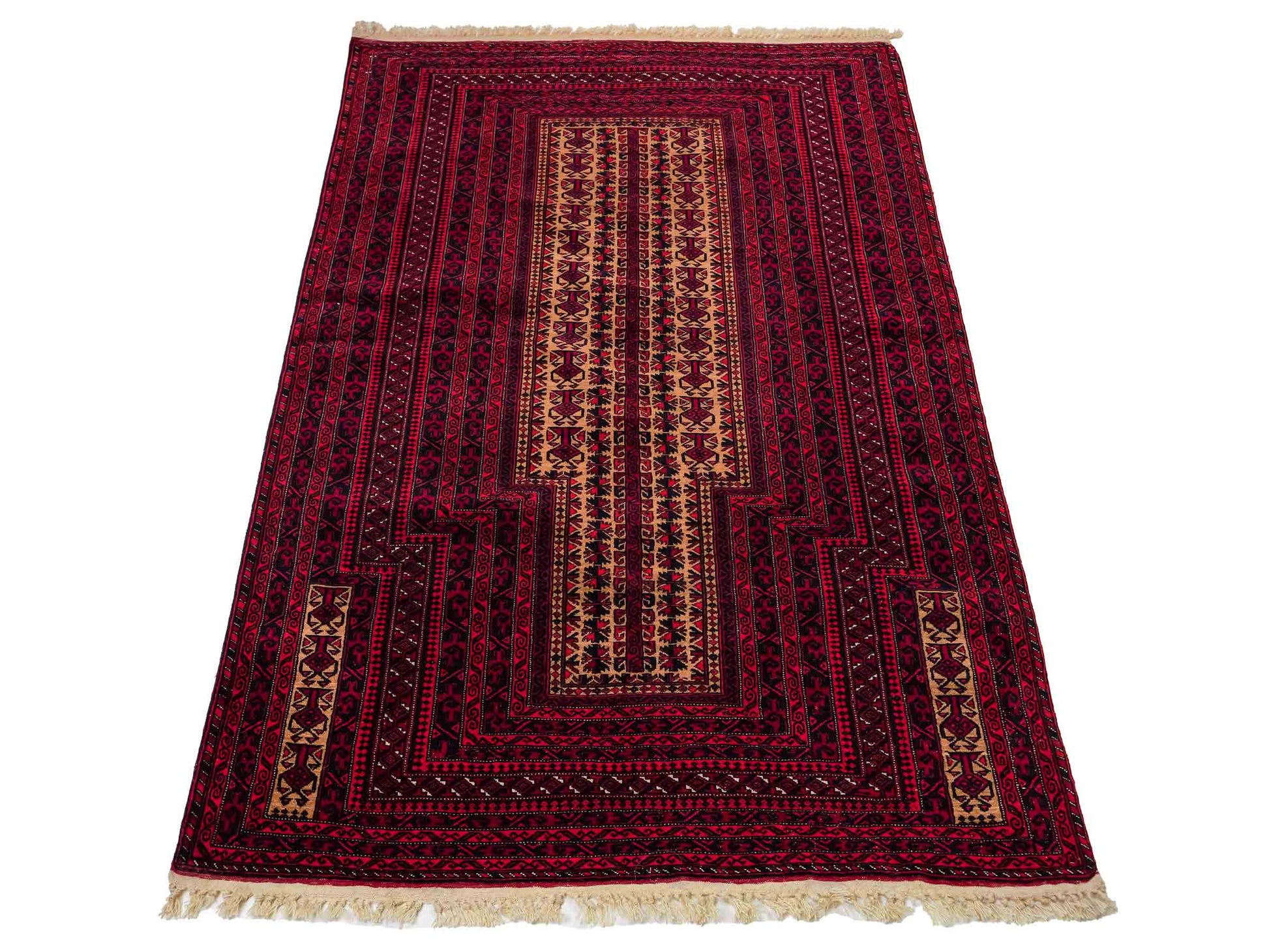 Sehr feiner, handgeknüpfter, antiker Belutsch Nomadenteppich aus Wolle von Khademi. Farbe: Rot, blau, cremeweiß. Größe: 142 x 90 cm. Vertrieb durch JUPITER Intl.
