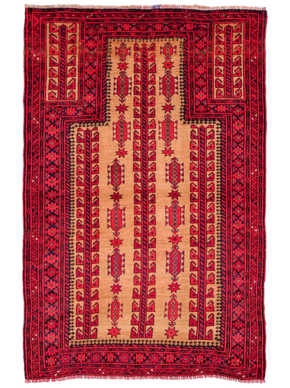 Antiker, handgeknüpfter, afghanischer Belutsch Nomadenteppich aus Wolle von Khademi. Größe: 147 x 91 cm. Farbe: Rot, beige, cremeweiß. Verkauf durch JUPITER Intl.